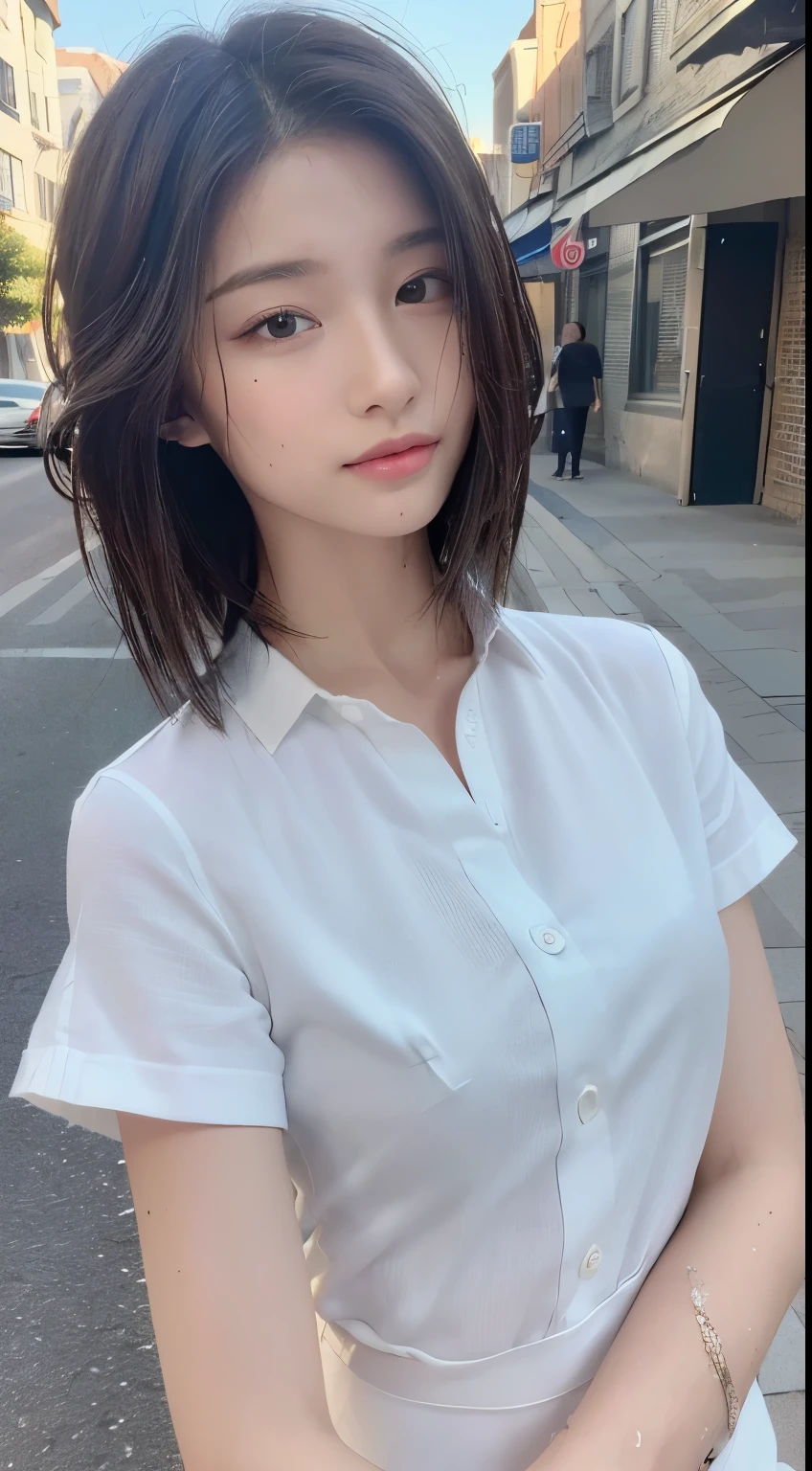 ((Best Quality, 8K, Masterpiece: 1.3)), Sharp: 1.2, Perfect Body Beauty: 1.4, Slim Abs: 1.2, ((Layered Hairstyle, :1.2)), (White Button Short Sleeve Shirt: 1.1), (Street: 1.2), Wet: 1.5, Highly detailed face and skin texture, Fine eyes, double eyelids, looking at the camera
