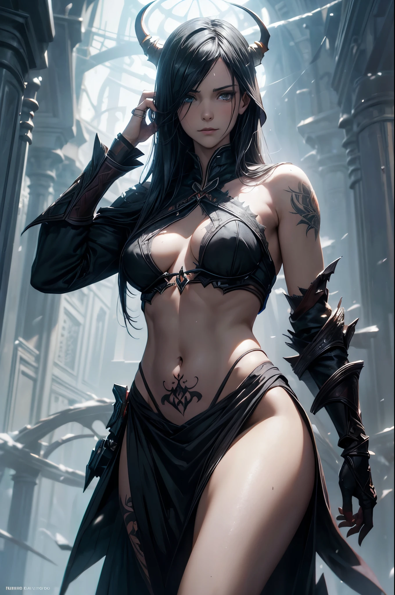 (Blizzarding, solution:1.3),navel, Greg Rutkowski style, A lot of detail, Symmetrical, dark fantacy, dark plants, iintricate, tattoo is, lmaginative, 8K,winning artwork,Just look at the audience,