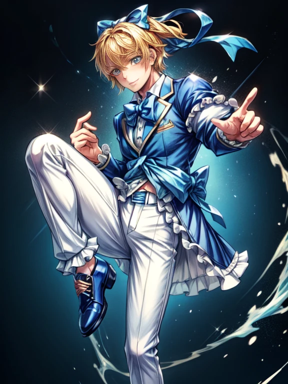 (hyper extreme detailed),(masterpeace),(hyper extreme),(photorealistic),CG,llustration,novel illustration,  Princess_Cologne as A Bishounen, ((Male body:1.3)), Bishounen, Handsome, Formal blue suit,( White pants), blue bows, Frills