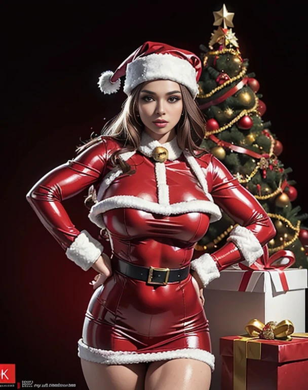 (8k, Foto RAW, Qualidade Superior, master part: 1.2), (Realistic, photoRealistic: 1.37), foto de corpo inteiro, professional lighting, photon maping, radiosidade, red latex Santa Claus outfit, gorro do papo Noel, bunda grande solo 1 pessoa, pose modelo sexy, christmas tree background