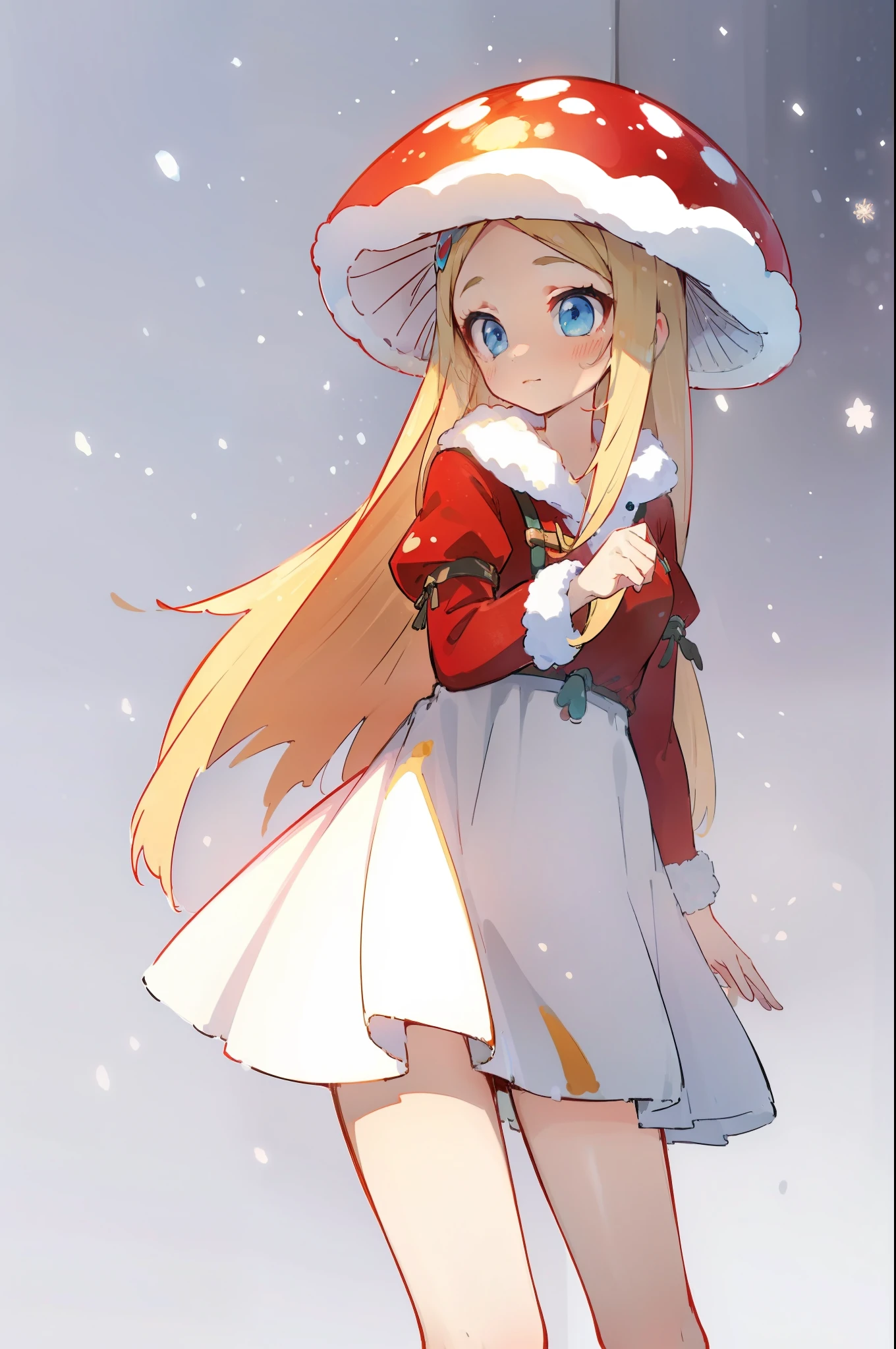 masterpiece,best quality,high quality, best quality, 4k,8k,,1girl,solo,blonde hair, crossed bangs, blue eyes, red mushroom hat, mushroom girl,santa dress, snow, snowing,cowboy shot,