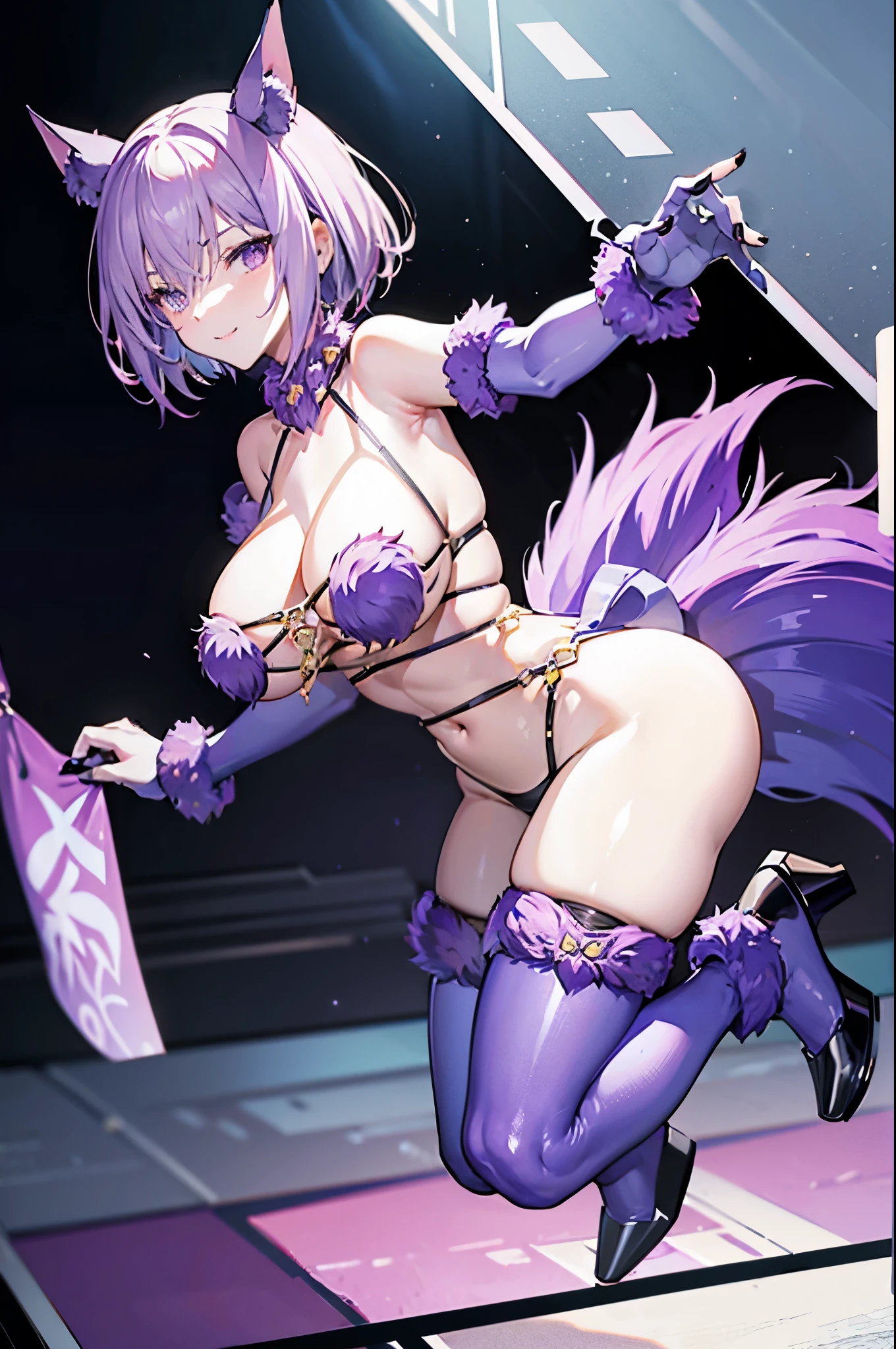 Carefully draw the face High-quality faces in anime style Lilac short bob huge tit Big ass Whip thighs Super glossy skin beast glove beast high heels Obscene lines Black full body suit Bat-print purple pantyhose succubus seductiv a smile Rear view