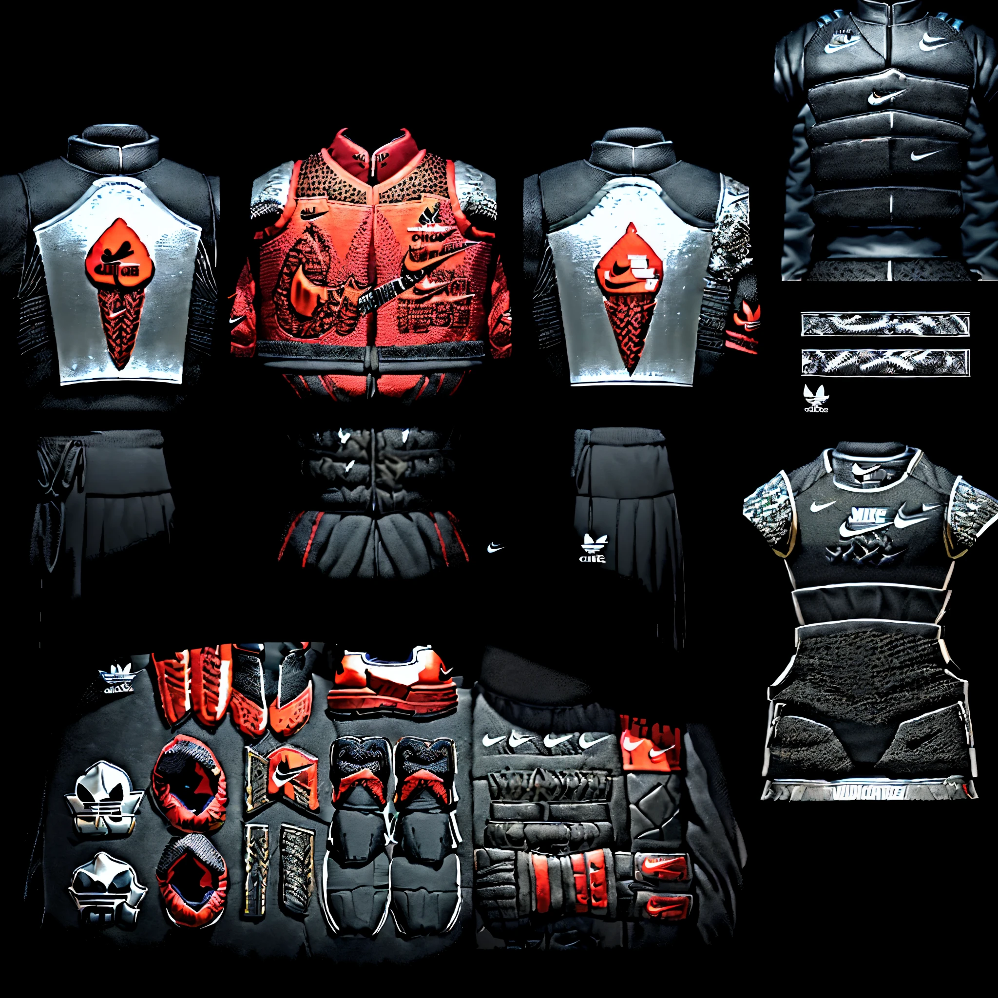 ((NIKE CLOTHING STYLING)), ((ADIDAS CLOTHING STYLING)), ((RED AND BLACK AESTHETIC), FLAMES, clothing and accessories, highly detailed panel cuts, detailed woodcut armor, highly detailed clothing, clothes high detail, highly detailed armor, armor elements, complete detailed body, stylised military clothes, very detailed and rich clothing, full plate armor with cloth, combat mech clothes, detailed space suit