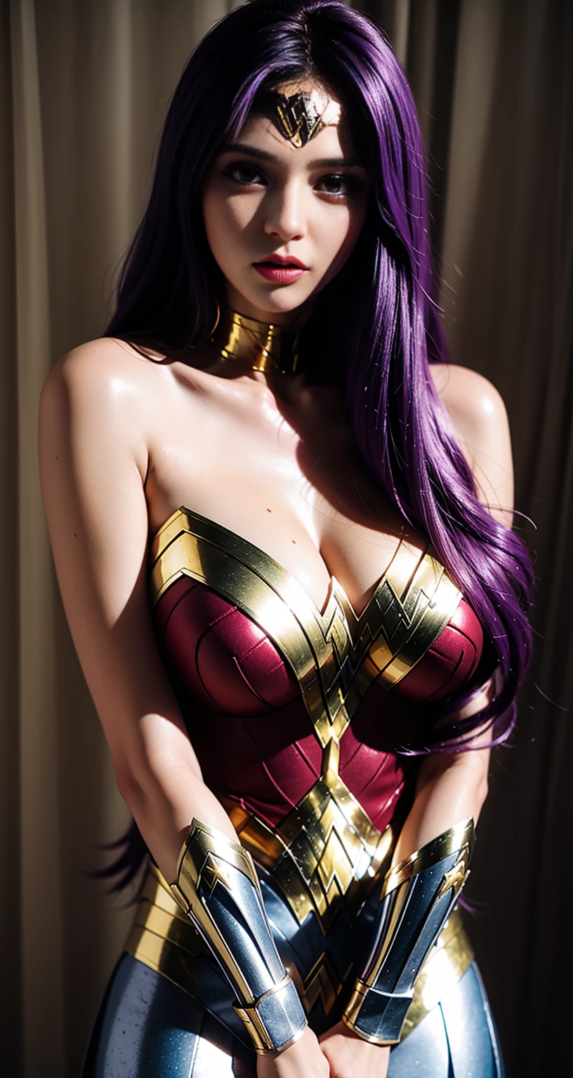 best quality,wallpaper:1.5,8k,Detailed background,depth of field,volumetric lighting,sharp focus,photorealistic,Absurdities,ultra-detailed, oficial), Draw Saori Kido il(beautiful girl, long purple hair,long purple hair, 21 years)) in a realistic style, (( using cosplay wonder woman)), her long purple hair falling in soft waves around her delicate face. Her huge breasts are visible beneath the fabric, and her skin is smooth and clear, giving her an air of fashion and sophistication