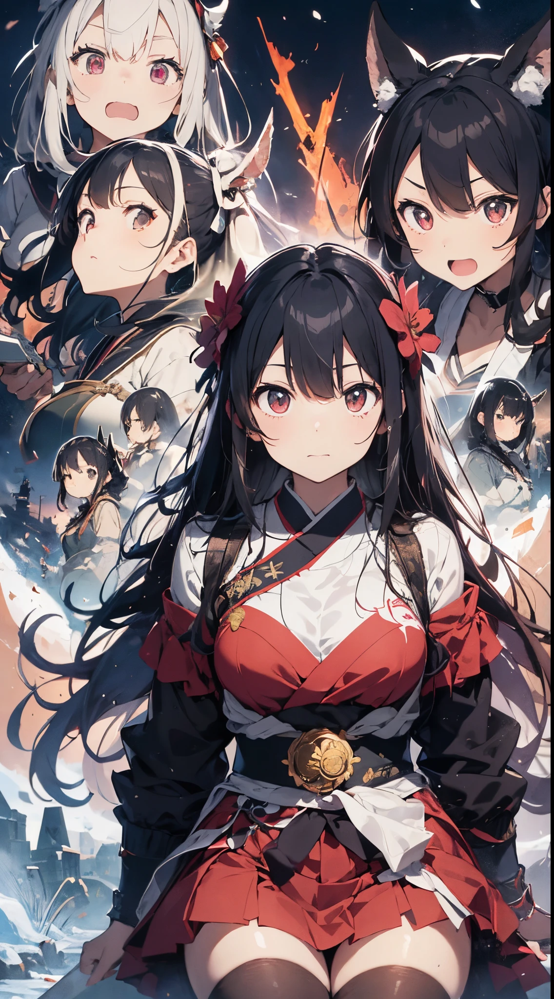 ​masterpiece、(detaileds、hight resolution、top-quality)、（女の子 1 人：1.5）、Onmyopath、samurais、A war-torn country with half-demons。 Silakurena, once a united state,、The country collapses due to the death of Meishu, who was organizing various places.、The three domains were entering the Warring States Period, where they were vying for the unification of the world.。 Nearly half of Shirakena is made up of humans.、There are also half-youths and beastmen.、The composition is largely divided by the clan.。 Northeast「Swaga Clan」は呪術や式神を駆使するOnmyopathたちの藩、Southeast「Takekura Domain」は城壁をも斬り裂く一騎当千のsamuraisたちの藩、western「Zion Clan」is a clan of subhumans such as half-youkai and beastmen who are good at witchcraft and covert actions.。 The three clans fought many times,、Through tactics that make the most of each characteristic、The forces were antagonistic。 After metastasis、Suddenly, the three clans that were confused by the shock of metastasis「Your power... Show me out...」I heard a voice saying.。 Convinced that this must be a message from the divine fox in the world of Shirakurena, the three clans decided to make a temporary truce.、Again became one country as Sirakrena。 Eta、To Centrake, who has tried to contact、Obey the message and wield your power as one、It was going into a state of war.。
