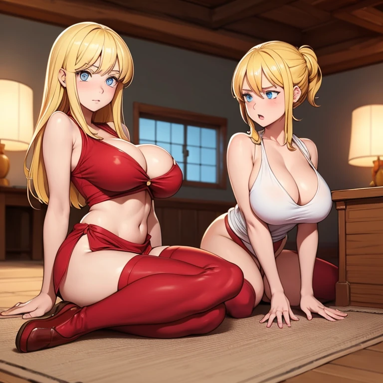 A blond girl with blue eyes and big boobs in a luffy outfit and sitting down on the floor