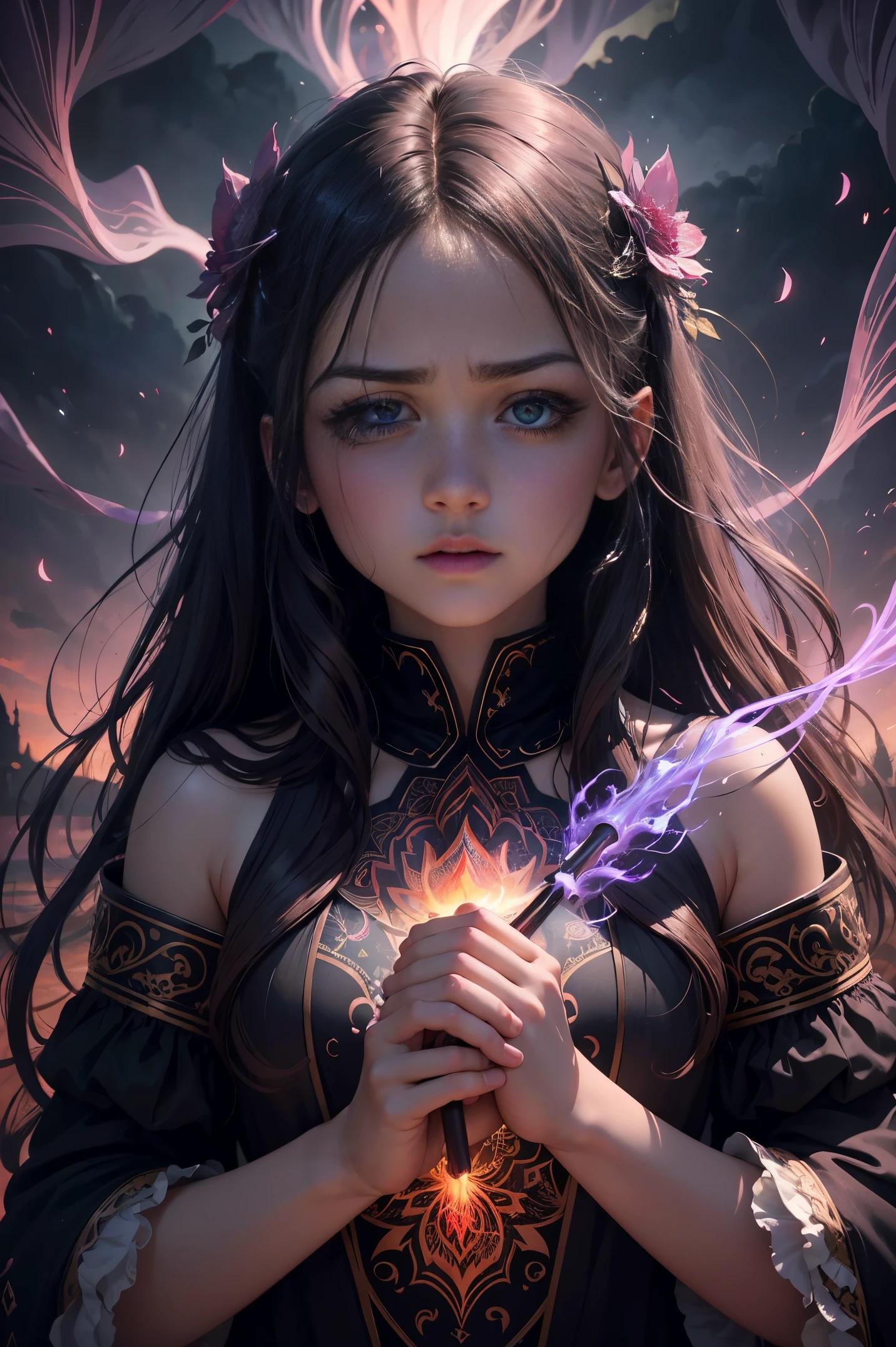 (best quality,4k,8k,highres,masterpiece:1.2),ultra-detailed,intense,fierce,emotional,chaotic,magical burst,desperation,girl's fury,magical explosion,raging emotions,craziness,unrestrained,expressive eye,expressive face,detailed eyes,beautiful angry eyes,beautiful angry lips,extremely detailed eyes and face,long eyelashes,intense expression,girl's face of fury,girl's face of desperation,mysterious atmosphere,enchanted garden,magic in the air,vibrant colors,deep shadows,mystical light,dramatic contrast,impressive background,stormy sky,enchanted flowers,whirling leaves,emotion-filled setting,twisted reality,dark beauty,creative composition,visual storytelling,artistic masterpiece,imagination unleashed,impressive brushwork,vivid emotions,raw energy, a girl surrounded by wild and vibrant magic,powerful and mesmerizing,sparkling eyes and intense gaze,long flowing hair radiating with energy,mystical tattoos covering her body,illuminated by a radiant glow,ethereal and glowing particles dancing around her,floating floral patterns and butterflies creating a dreamlike atmosphere,exotic and enchanting landscape in the background,magical creatures emerging from the shadows,colorful and surreal environment,mesmerizing and surreal art style,vibrant and rich colors,evoking a sense of awe and wonder,subtle and warm color tones,soft and natural lighting adding depth and atmosphere. ((((girl 12 years old))))