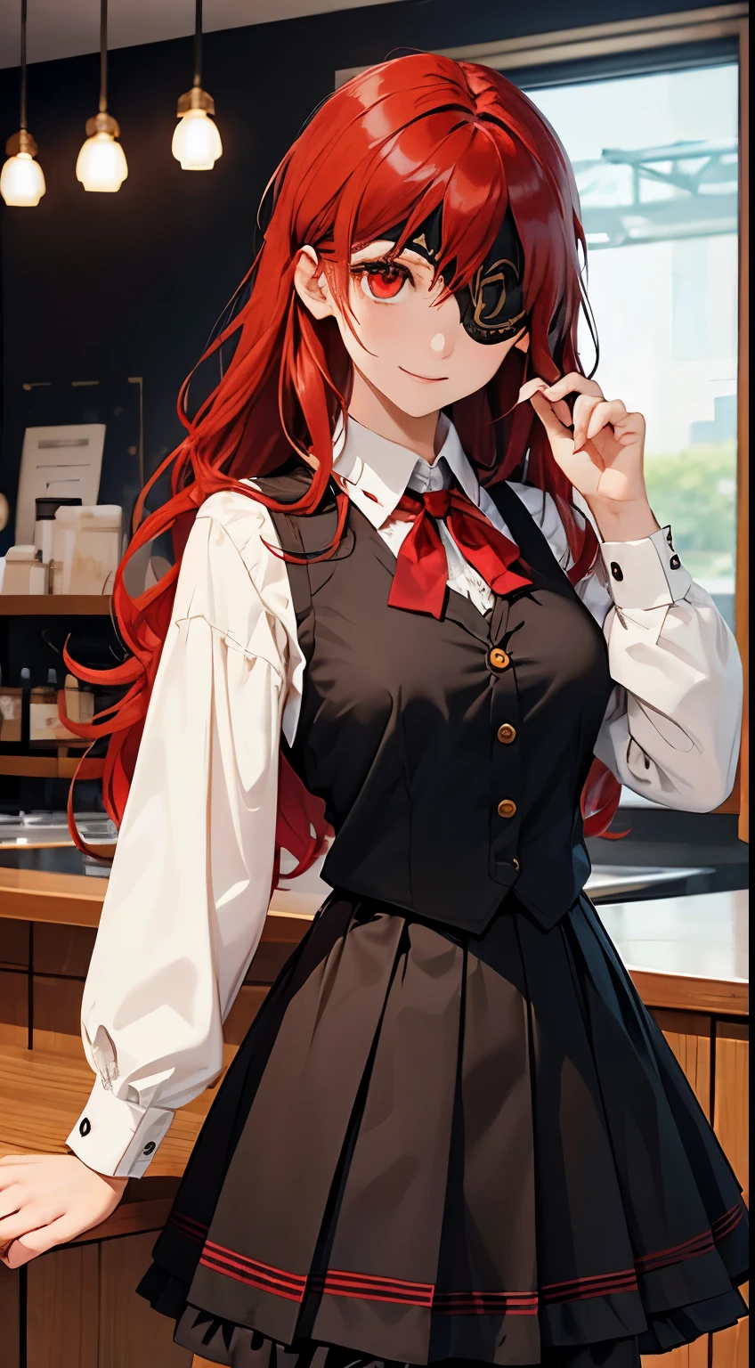 ((best quality)), ((masterpiece)), (detailed), perfect face, ((eyepatch:1.2)), (long hair:1.4), (red hair, red eyes:1.4), 1girl, solo, skirt, shirts, vest, legging, white shirts, Button-up shirts, black vest, smile, outdoors, black skirt, looking at viewer, black legging, rose pattern legging, long sleeves, bangs, ribbon, frilled skirt, frills, plaid, bow, Star shape eyepatch, gold eyepatch, standing, red ribbon, wide sleeves, hand on waist, medium breasts, cafe, inside bosco cafe, cowboy shot, elegance