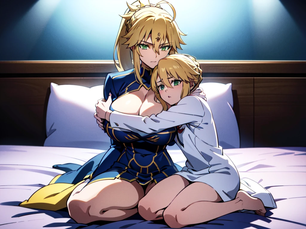 mordred, (green eyes:1.5), incomparable masterpiece, ultra 8k CG, perfect art, blonde hair, ponytail, high res, ultrasharp, 8K, ultra high resolution, beautiful detailed eyes, hyper-extreme details, best quality, perfect illustration, an extremely delicate and beautiful, extremely detailed, full body, CG, 8k wallpaper, amazing, finely detailed, official art, huge file size, ultra detailed, extremely detailed, beautiful detailed girl, extremely detailed eyes and face, artoria pendragon, mordred hugging artoria, 2 girls