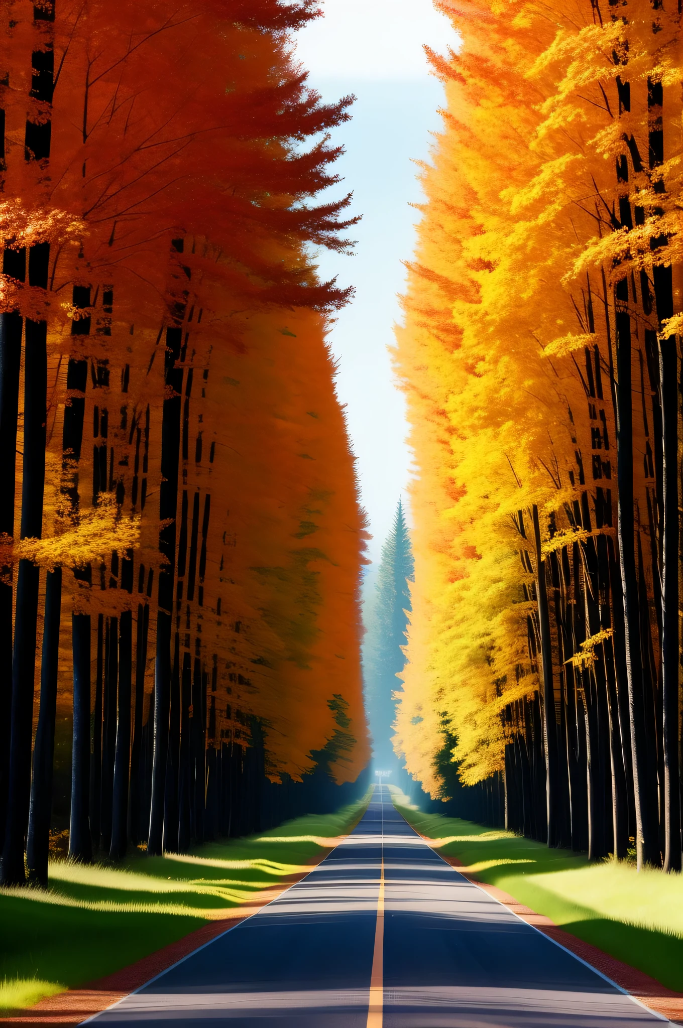 a road in the middle of a field,There are trees on both sides,a car drives by, road between tall trees, Amazing beautiful maple tree, breath-taking beautiful trees, amazing depth, national geographicphoto, marc adamus, national geographicphoto, national geographicphotography, amazing composition, national geographicphotograph, beautiful forests and trees, Unsplash Contest Winning Photos, stunning cinematography, Incredible depth