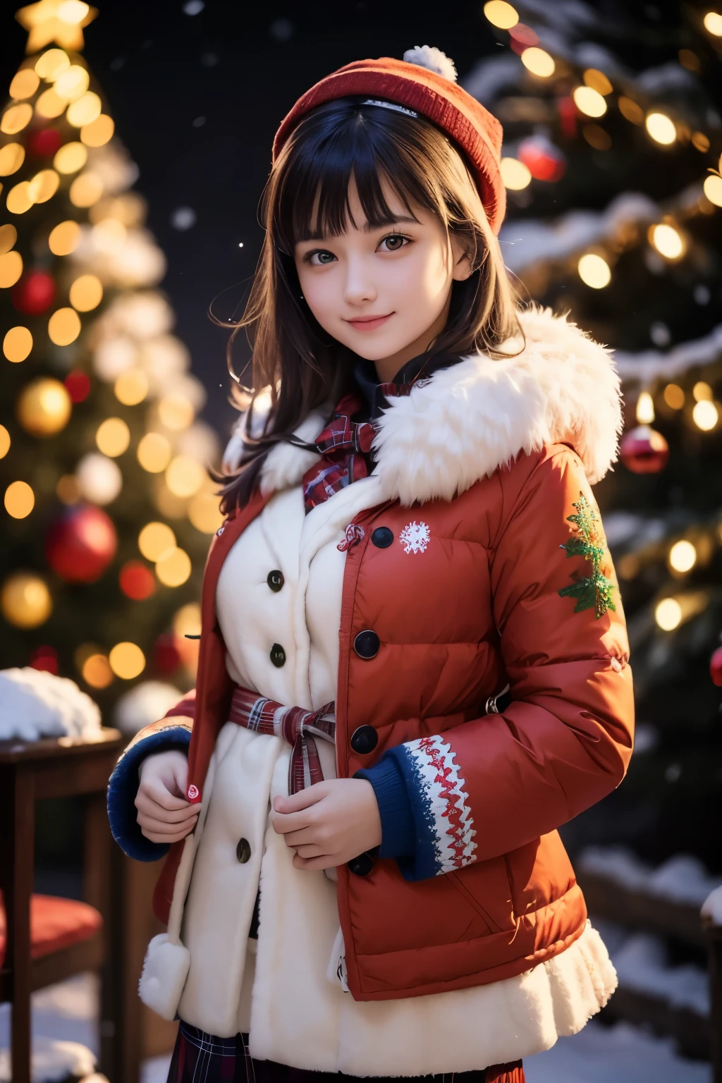 Decorated with colorful red, Green, Blue, yellow and orange illuminations and ornaments, in front of a big fir tree, French female college student standing, monochrome winter fashion, Smile, depth of fields, Lens Flare, ccurate, Super Detail, 2Head and body, Anatomically correct, Textured skin, high details, High quality