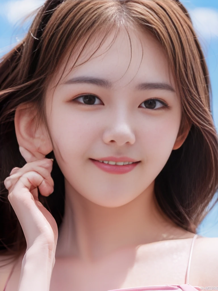 (8k, best quality, masterpiece:1.2), (realistic, photo-realistic:1.37), ultra-detailed, 1 girl,cute, solo,beautiful detailed sky,dating,(nose blush),(smile:1.15),(closed mouth) medium breasts,beautiful detailed eyes, (long hair:1.2),floating hair NovaFrogStyle, only face,tank top