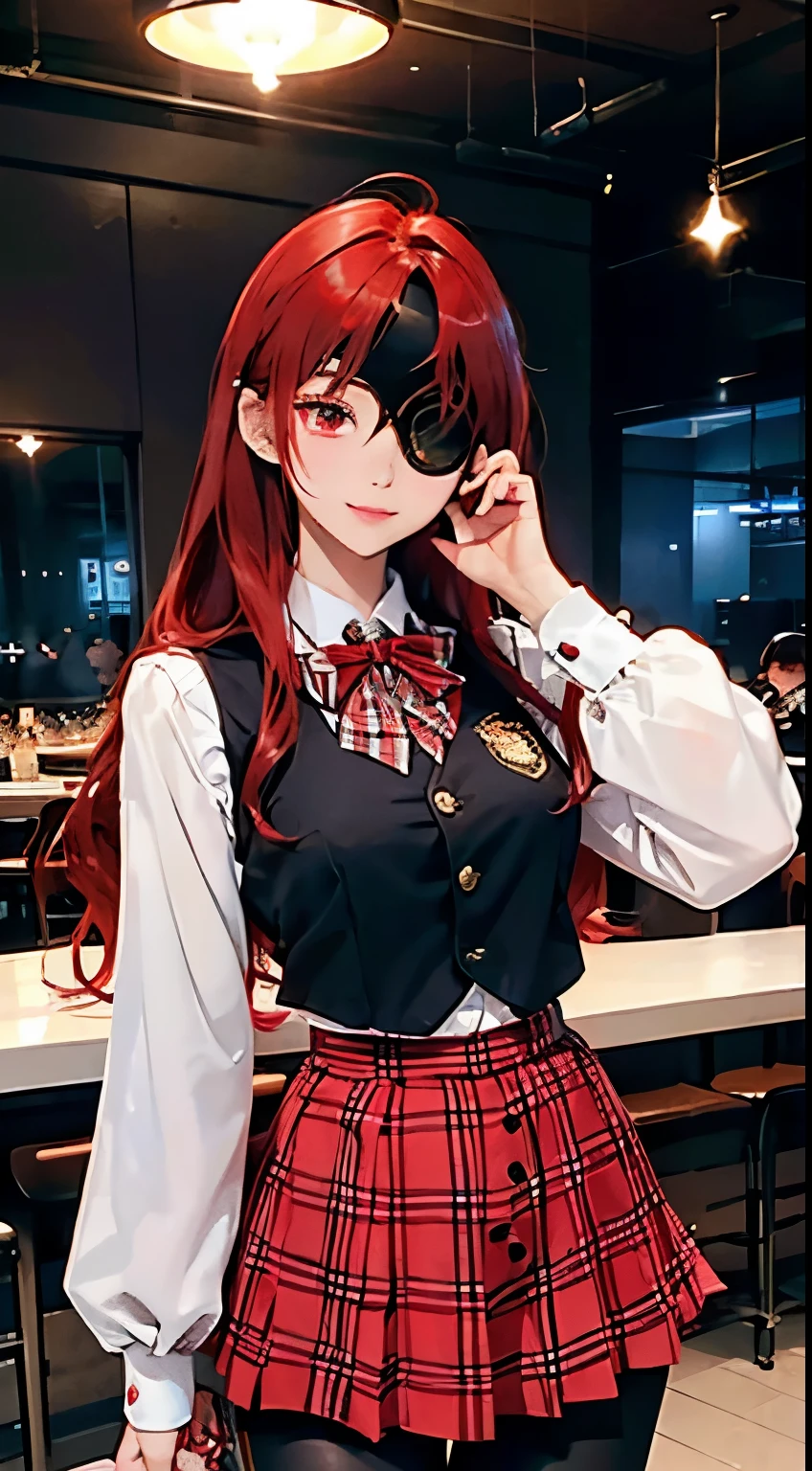 ((best quality)), ((masterpiece)), (detailed), perfect face, ((eyepatch:1.2)), (long hair:1.4), (red hair, red eyes:1.4), 1girl, solo, skirt, shirts, vest, legging, white shirts, Button-up shirts, black vest, smile, outdoors, black skirt, looking at viewer, black legging, rose pattern legging, long sleeves, bangs, ribbon, frilled skirt, frills, plaid, bow, Star shape eyepatch, gold eyepatch, standing, red ribbon, wide sleeves, hand on waist, medium breasts, cafe, inside bosco cafe, cowboy shot, elegance