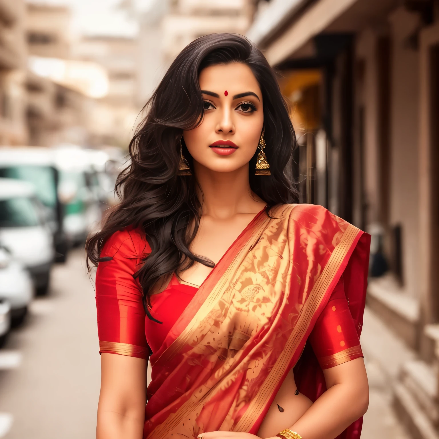 araffe woman in a sari posing for a picture in a street, very attractive and beautiful, traditional beauty, breathtaking look, dressed in a sari, mid-shot portrait of a beautiful, wearing a sari, beautiful model, beautiful look, very beautiful photo, stylish pose, gorgeous woman, pretty face!!, with lovely look, beautiful face!!!!, attractive and beautiful, big breast, cleavage, hot,