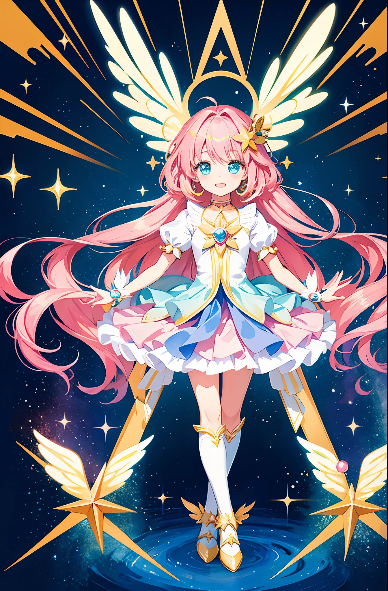 Anime star magical girl, sparkling magical girl, portrait of the magical girl, beautiful celestial mage, magical  girl, anime goddess, celestial magical girl, colorful gradient layered magical costume, (colorful), whimsical, cute, full body