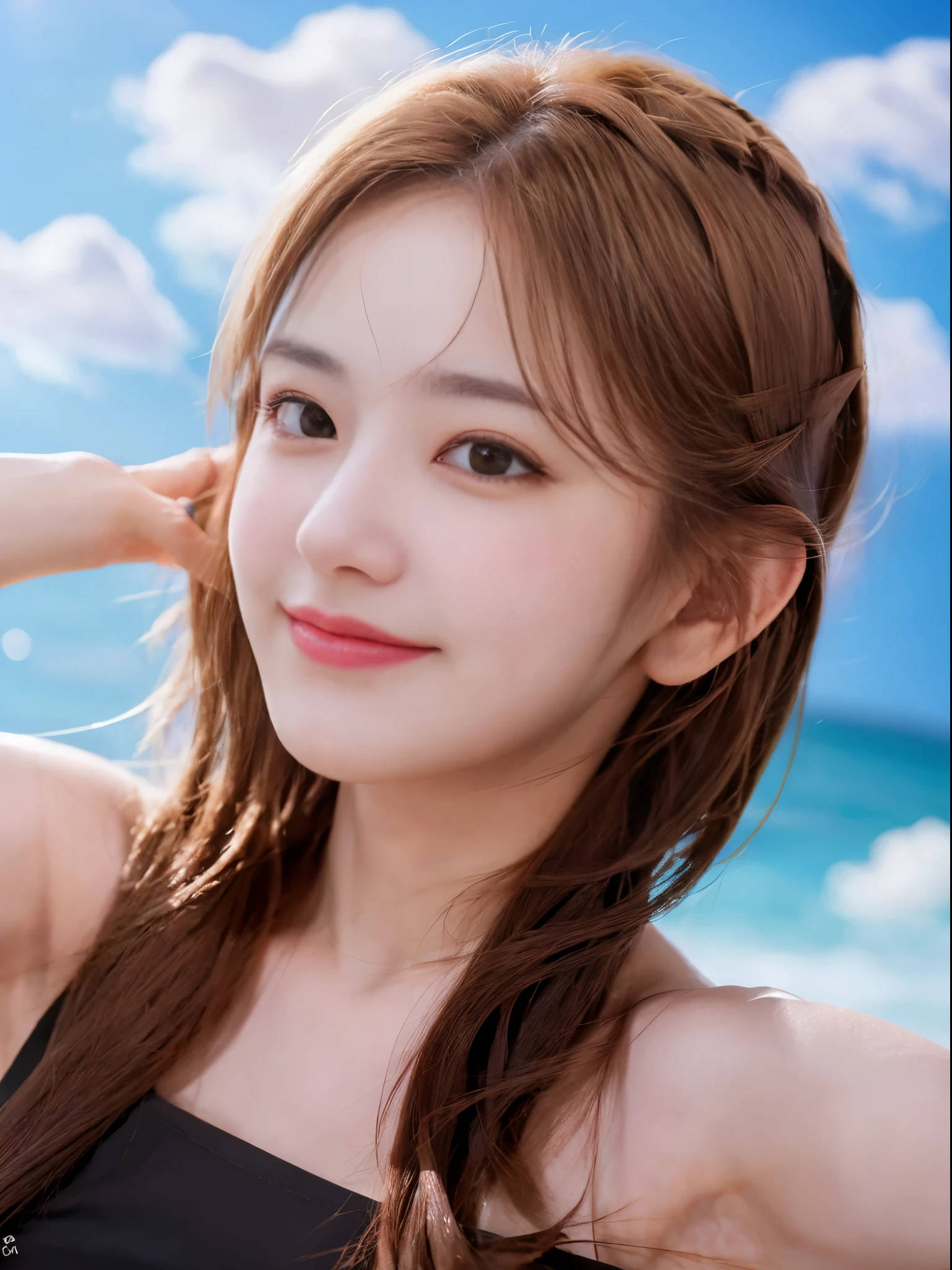 (8k, best quality, masterpiece:1.2), (realistic, photo-realistic:1.37), ultra-detailed, 1 girl,cute, solo,beautiful detailed sky,dating,(nose blush),(smile:1.15),(closed mouth) medium breasts,beautiful detailed eyes, (long hair:1.2),floating hair NovaFrogStyle, only face,tank top