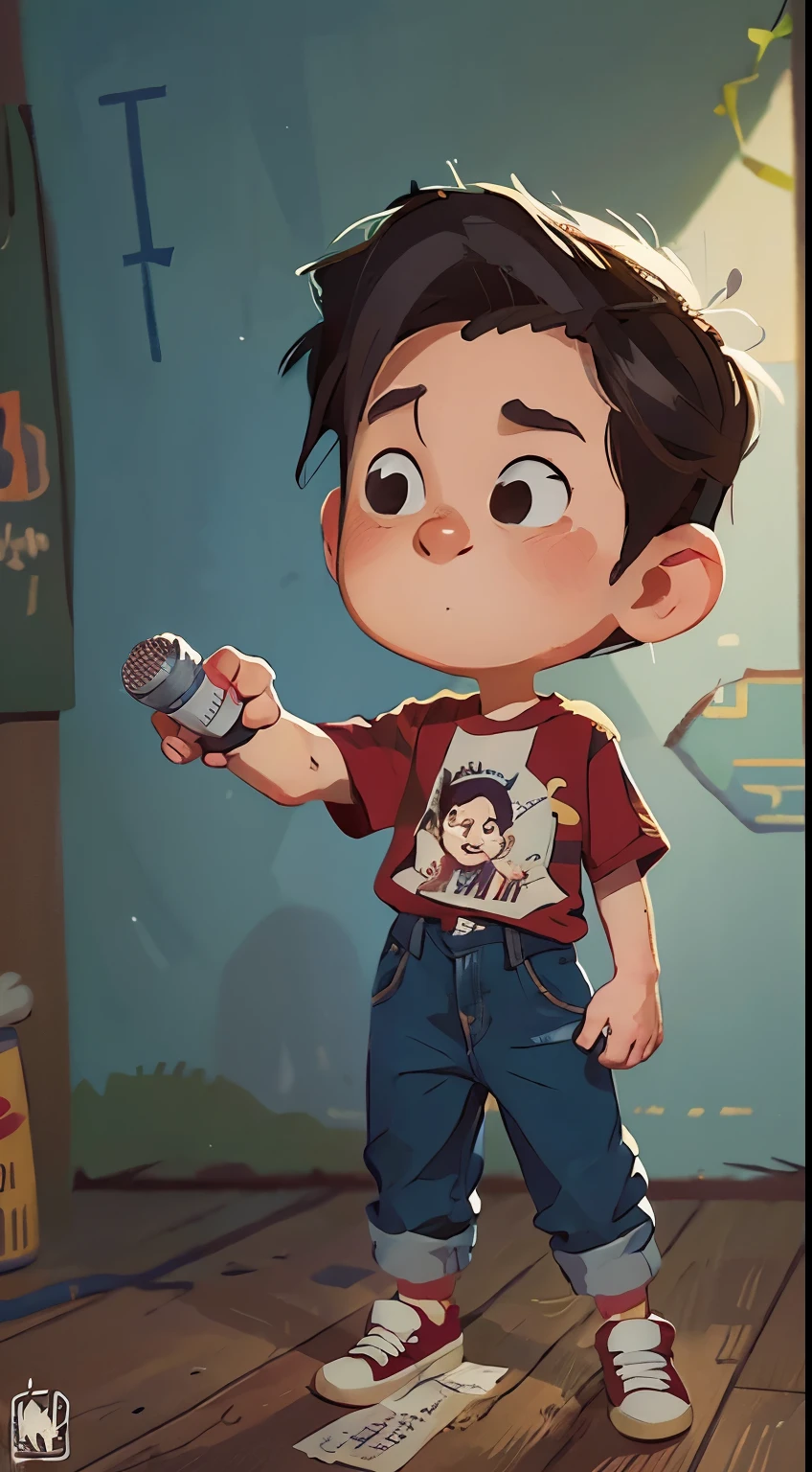 There is a boy wearing a t-shirt with a microphone, offcial art, offcial artwork, Style illustration, art-style, Official character illustrations, Stranger things character, art-style,  clown jones, Official character art, high quality character design, concept art of single boy, Jimmy Neutron, Dōjinga, portrait of jughead jones, Starring Marty McFly, Official illustration