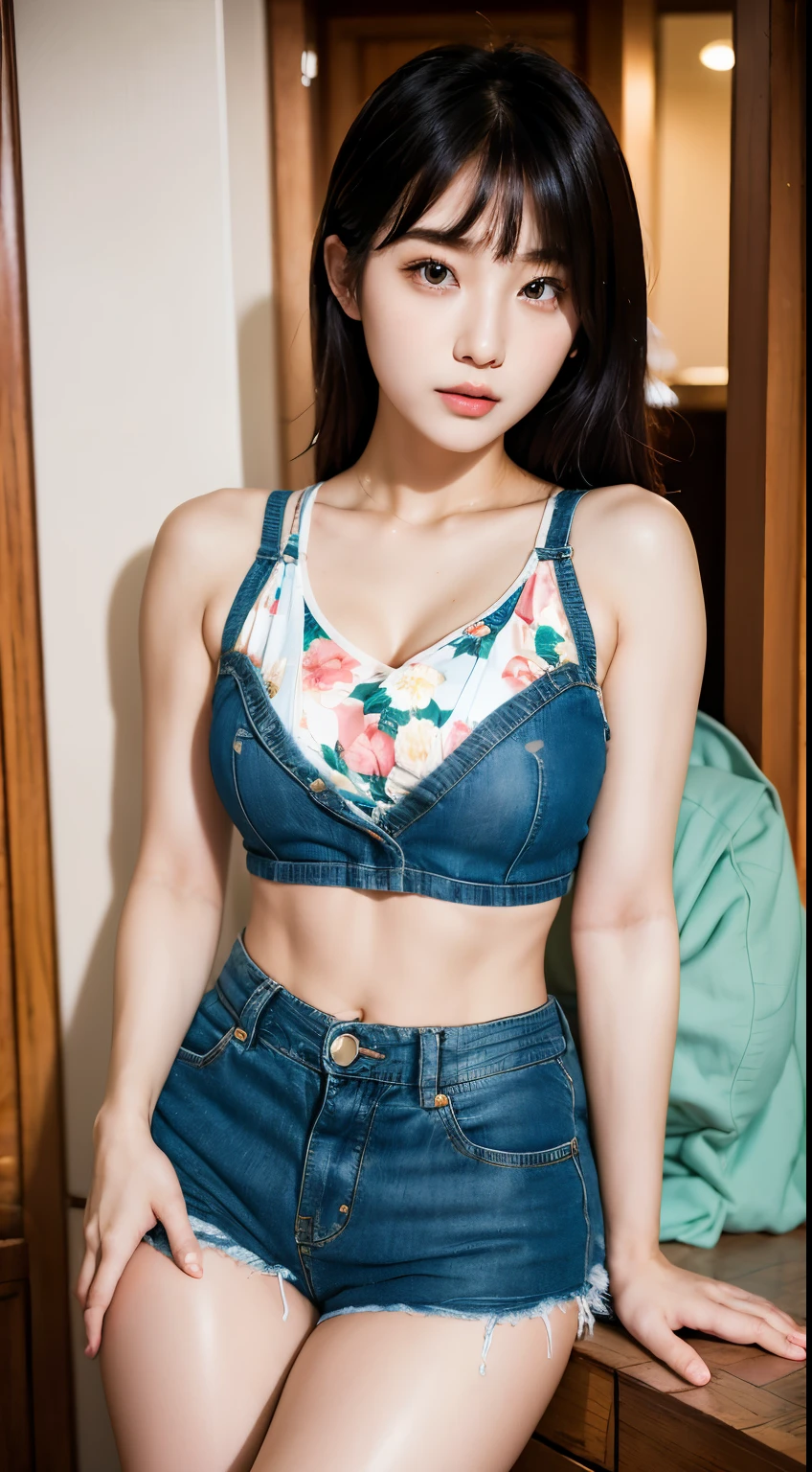 arafed asian woman in a floral top and denim shorts posing for a picture, beautiful asian girl, young asian girl, korean girl, asian girl, 2 4 year old female model, cute young woman, young and cute girl, chinese girl, beautiful girl model, cute young girl, dressed in a top and shorts, beautiful model girl, gorgeous young korean woman