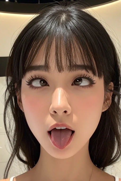 1girl in,masutepiece,,award - winning photo, Extremely detailed, sharp focus on eyes, Nose and Mouth,Face Focus, Face Close-up、Woman with mouth open and eyes closed, Black camisole、20yr old,A dark-haired、Symmetrical face,Realistic nostrils、Angle from below、elongated C-shaped nostrils,,,,,,,,,,,,,,,,,,,,,,,,,,,,,,,,,,,,,,,,,,,,,,,,,,,,,,,,,,,,,,,,,,,,,,,,,,,,,NSFW,Inside a Chanel store、Sweaty skin、Skin shiny with sweatを強調する照明、((sharp nose))Skin shiny with sweat、shinny skin、hair wet with sweat、look up at viewer,long tongue、