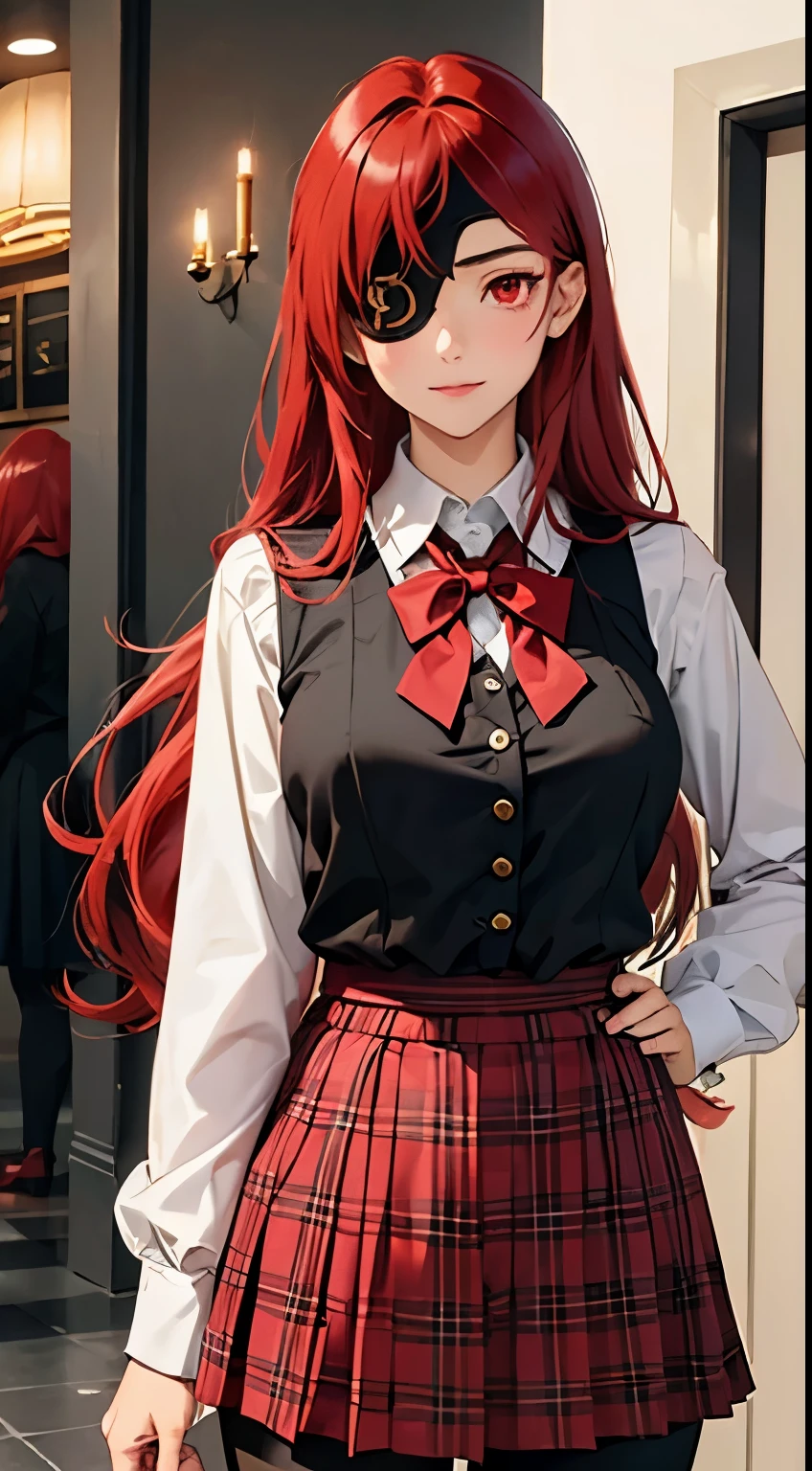 ((best quality)), ((masterpiece)), (detailed), perfect face, ((eyepatch:1.2)), (long hair:1.4), (red hair, red eyes:1.4), 1girl, solo, skirt, shirts, vest, legging, white shirts, Button-up shirts, black vest, smile, outdoors, black skirt, looking at viewer, black legging, rose pattern legging, long sleeves, bangs, ribbon, frilled skirt, frills, plaid, bow, Star shape eyepatch, gold eyepatch, standing, red ribbon, wide sleeves, hand on waist, medium breasts, cafe, inside bosco cafe, cowboy shot, elegance