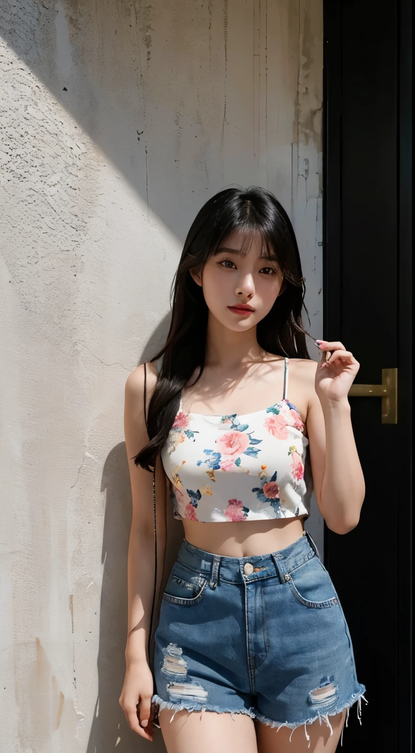 arafed asian woman in a floral top and denim shorts posing for a picture, beautiful asian girl, young asian girl, korean girl, asian girl, 2 4 year old female model, cute young woman, young and cute girl, chinese girl, beautiful girl model, cute young girl, dressed in a top and shorts, beautiful model girl, gorgeous young korean woman