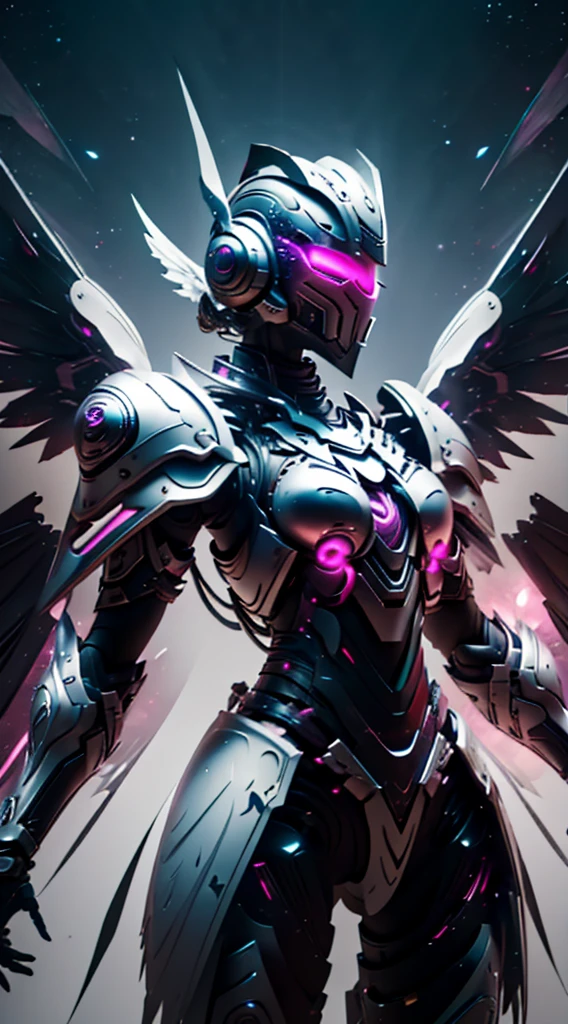 Armor, Woman, Viking style, with closed helmet, with pink visor, with a small antenna on both sides of the helmet, that the suit under the armor is blue, that the helmet mask is in the shape of a female face, with shoulder pads hexagonal, with white forearms, That the color of the entire armor is WHITE, with white knee pads on the armor, That the shoulder pads have a rose quartz crystal, sexy body, with concentration of details in the armor, With wings on the back, that the armor highlights the breasts, good front angle, good lighting, that the armor is under the moon, with a shield on his left arm, with a sword in his right hand, that the sword is beautiful and highlights the metal, that foot.