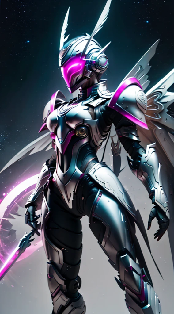 Armor, Woman, Viking style, with closed helmet, with pink visor, with a small antenna on both sides of the helmet, that the suit under the armor is blue, that the helmet mask is in the shape of a female face, with shoulder pads hexagonal, with white forearms, That the color of the entire armor is WHITE, with white knee pads on the armor, That the shoulder pads have a rose quartz crystal, sexy body, with concentration of details in the armor, With wings on the back, that the armor highlights the breasts, good front angle, good lighting, that the armor is under the moon, with a shield on his left arm, with a sword in his right hand, that the sword is beautiful and highlights the metal, that foot.