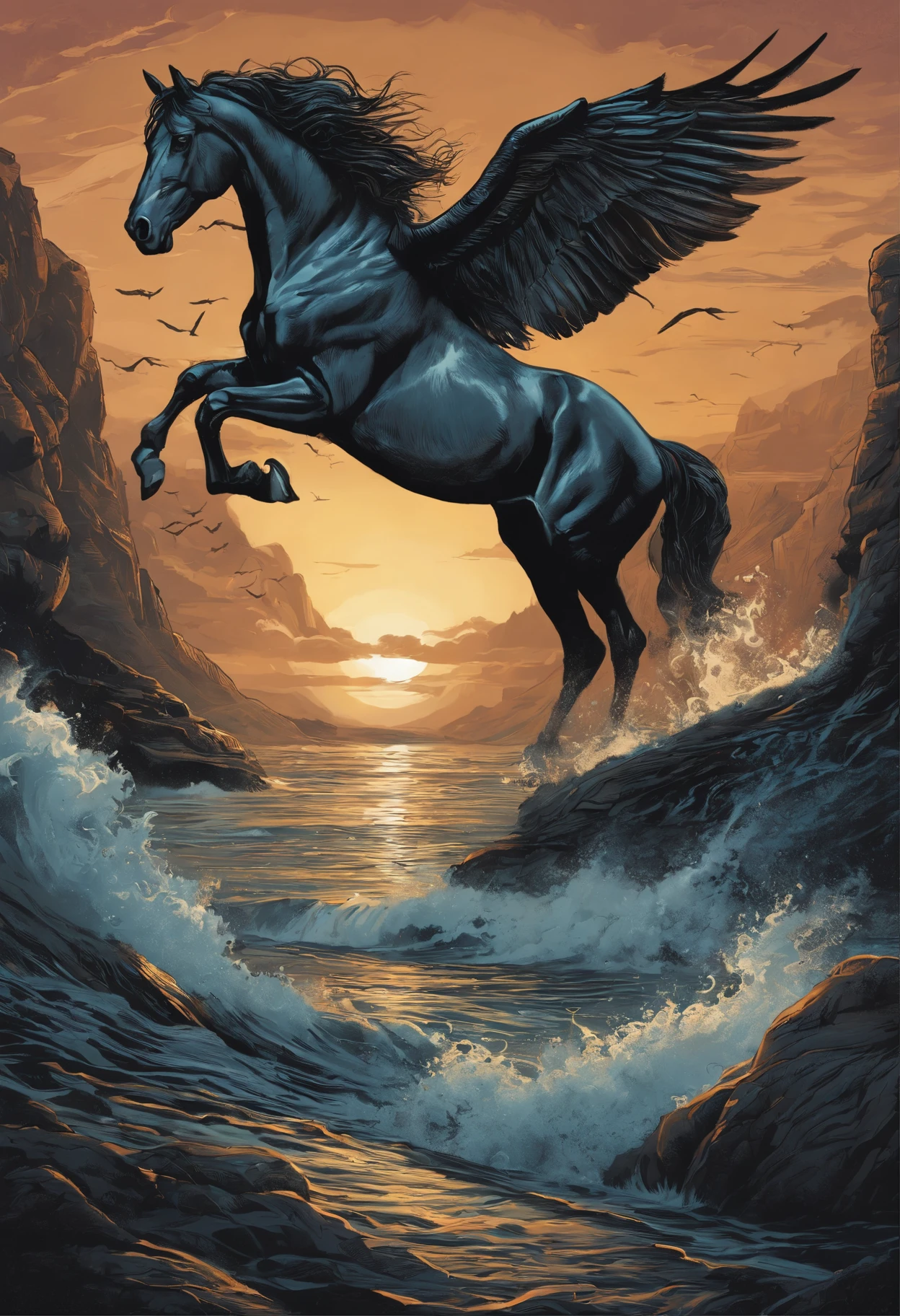 there is a horse with a mini horn on its face, which stands in the water with a bird, jen bartel, Knight of Cups, Jason Benjamin, Justin Gerard, eddie mendoza, inspired by John Frederick Herring, Senior., dan mumford tom bagshaw, beautiful illustration, highly detailed vector art, King of the Sea, El Bosco and Dan Mumford