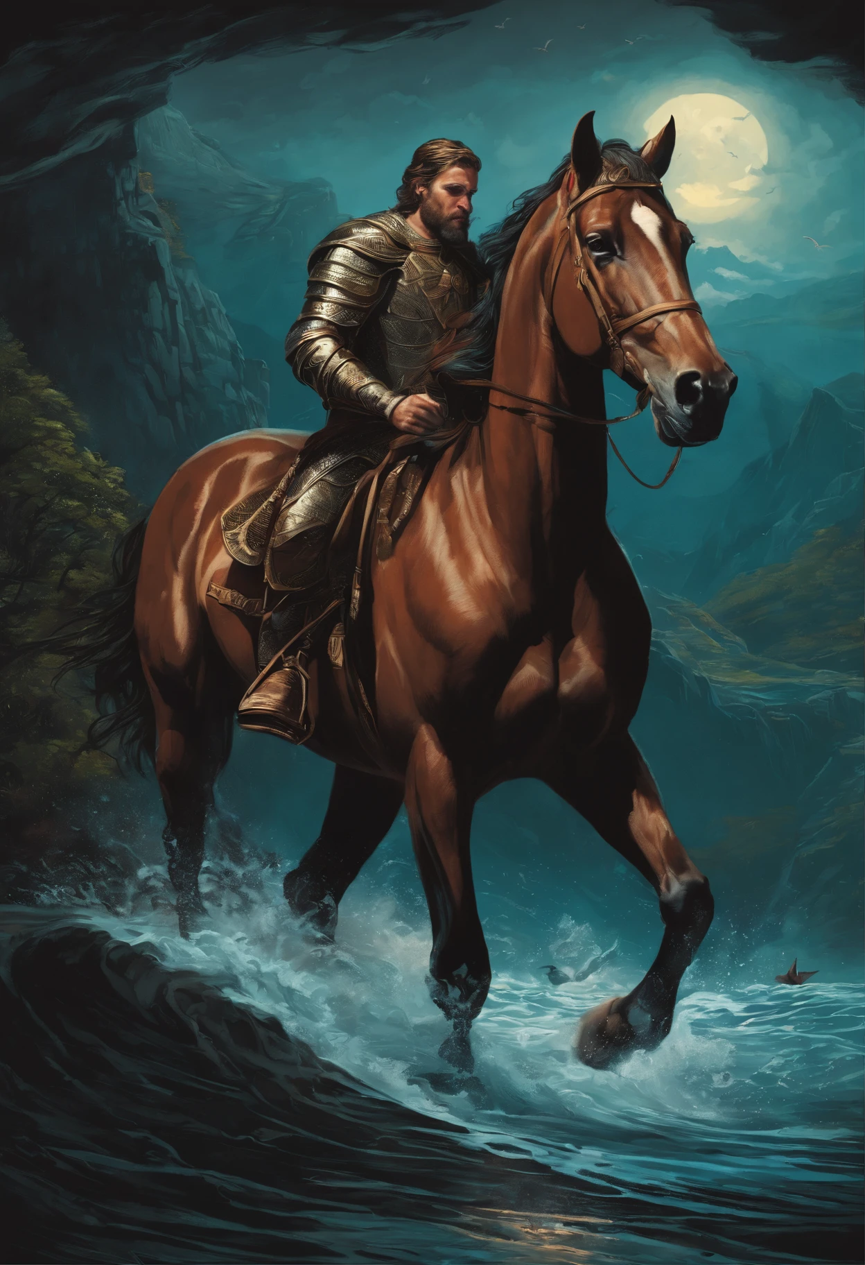 there is a horse with a mini horn on its face, which stands in the water with a bird, jen bartel, Knight of Cups, Jason Benjamin, Justin Gerard, eddie mendoza, inspired by John Frederick Herring, Senior., dan mumford tom bagshaw, beautiful illustration, highly detailed vector art, King of the Sea, El Bosco and Dan Mumford