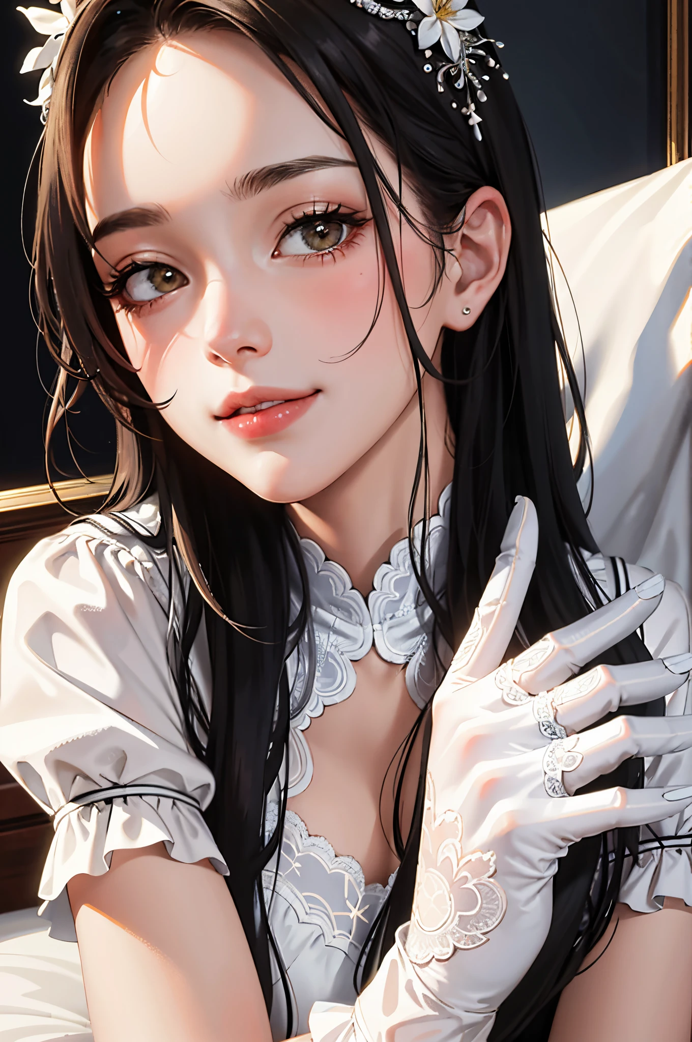 (tmasterpiece: 1.2, Best quality at best), (real photograph, finedetail), A woman who is, Alone, no outfit, A, short glove, face in hands, Big breasts corset, long whitr hair,  cosmetics, Natural fabrics, closeup cleavage, ssmile, famiglia, Lie down in bed, looking at the camera in, extreme closeup cleavage)