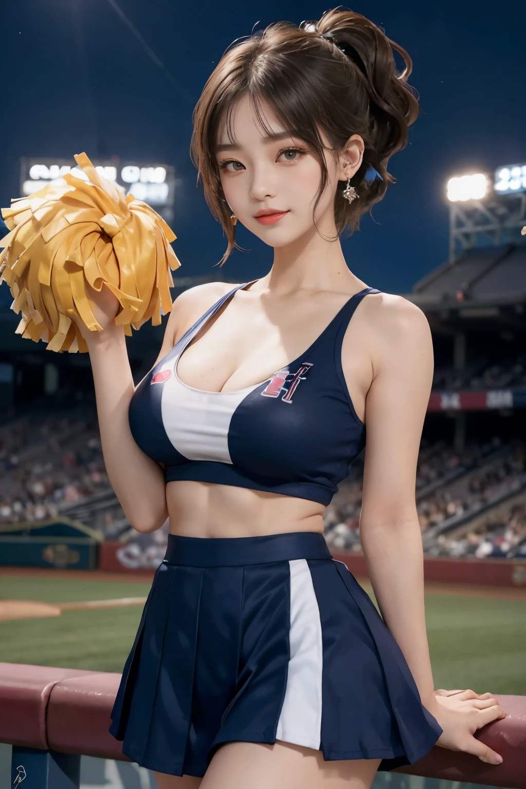 17 year old cool Korean, big round breasts, cleavage, cheerleader, baseball team cheerleader, skirt, beautiful eyes in detail, eyelashes, beautiful double eyelids, eyeshadow, slit eyes, perfect eye makeup, seductive smile, beautiful thin legs, bright blonde, bob cut, ponytail, various hairstyles, earrings, stand at the baseball stadium at night, night