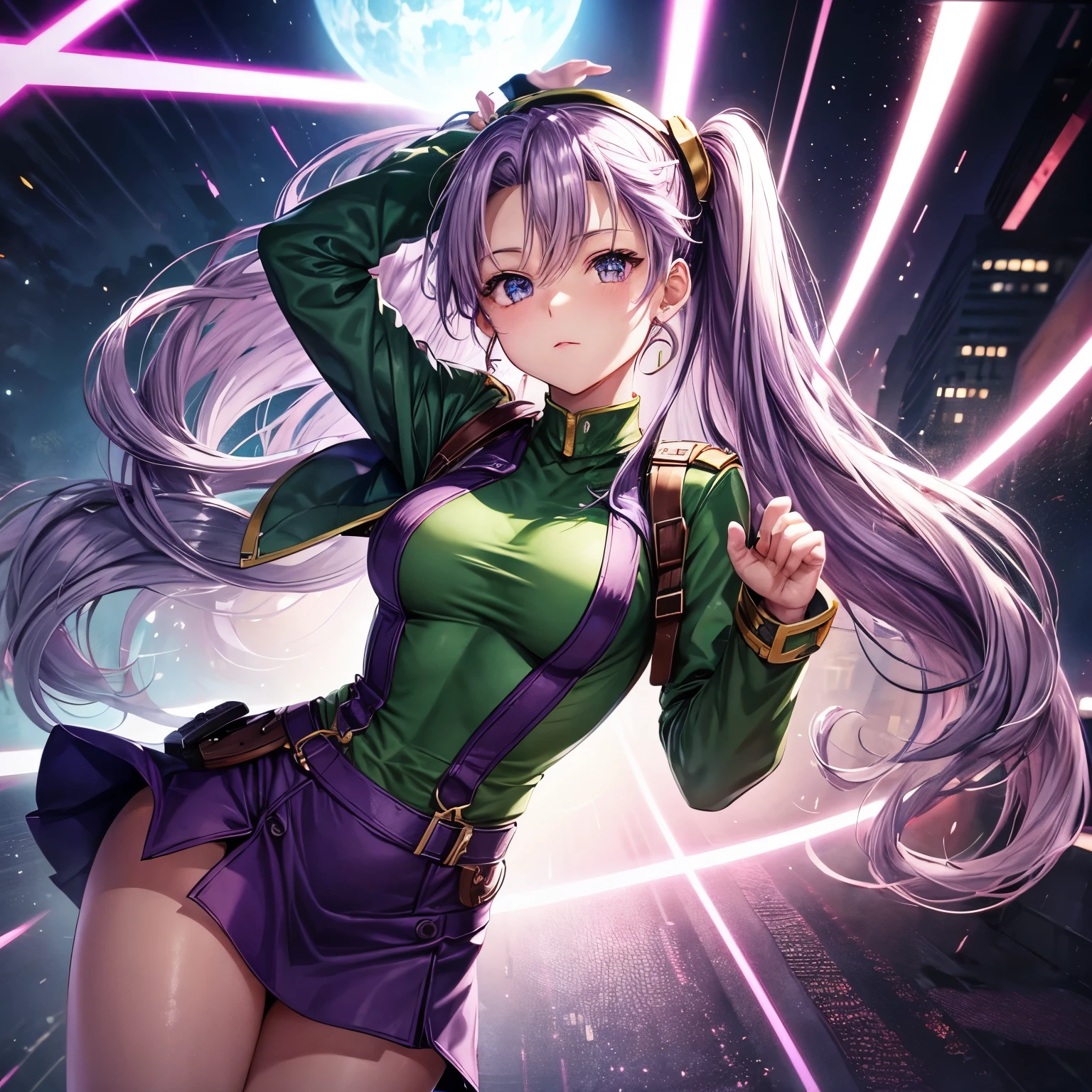 cammy sole、Aside、raise your arms straight、light purple hair color、Longhaire、a miniskirt、