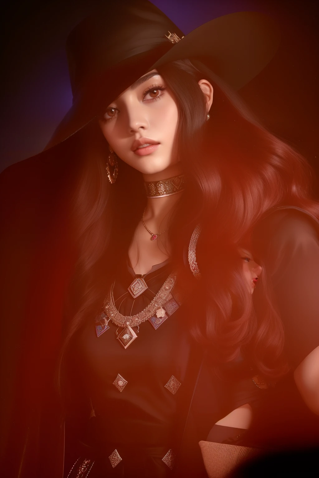 Imagen de una mujer con el pelo largo que lleva un sombrero, Jisoo de Blackpink, Maya Ali como D&D Hechicero, Jisoo de Blackpink, Maya Ali como D&D mago, Maya Ali como D&D Hechicero, maya ali as a cyber sorceress, Maya Ali como Hechicero, Retrato Jisoo Blackpink