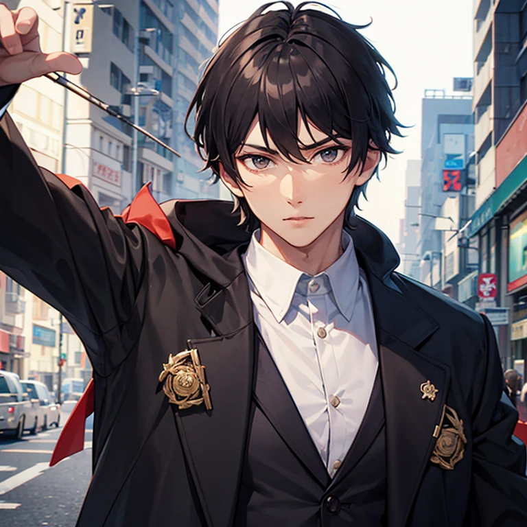 Generate an image of a handsome young man with a striking face, dressed in futuristic Japanese-inspired attire that aligns with a modern atmosphere. The character's name is Kazein, and ensure that his facial expression reflects charisma and determination, short hair, black hair, handsome, 1boy, futuristic japanese, black cloak, black jacket, white strips on jacket,