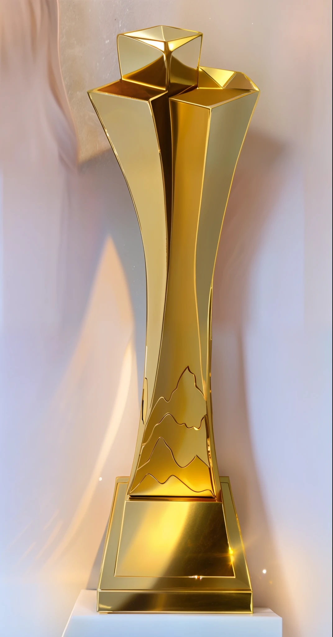 A polished golden trophy lies on a stone table, White cement wall in background, Side lighting, True reflection。shot from bird'Eye view, Show the nobility and glory of the trophy。The composition is symmetrical、with clean lines, vibrant with colors。golden trophy sparkling, Presenting strong visual impact and heart-warming emotions。using a wide angle lens, The effect is remarkable, Enhanced the presence of trophies。