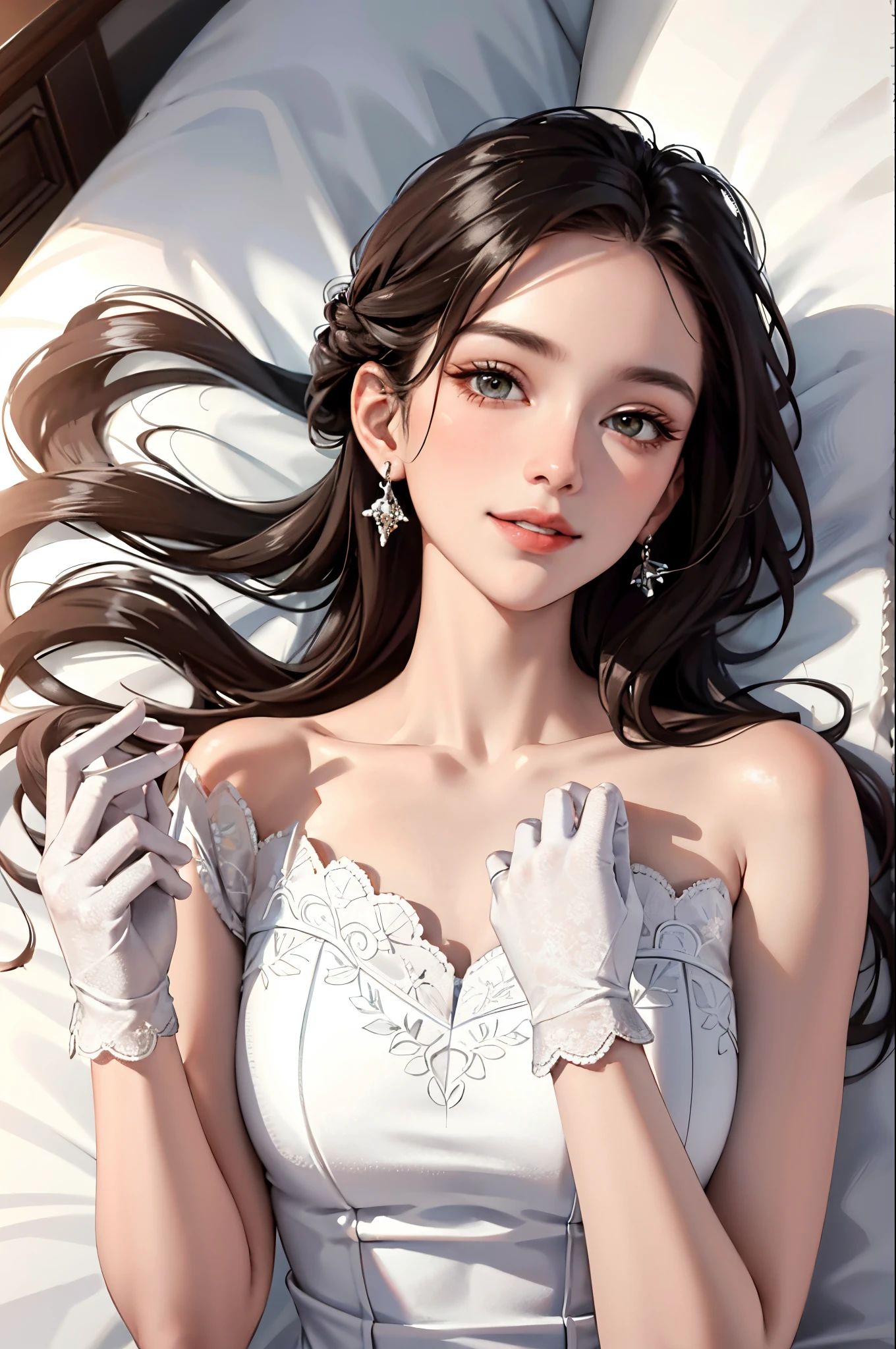 (masterpiece, best quality, supeior quality, intricate details, beautiful, aesthetic:1.2), high quality, 8k, RAW, ultra details, extremely dellicate and beautiful, real shadow, (challenging look), (dinamic pose:1.8), caramel eyes, photorealistic, highly detailed painting, award winning painting, marvelous painting, artistic style, 1girl, petite:1.2, (two-tone brown hair:1.5), lying on bed, white bed, (showing purple thong:1.3), elbow gloves, hair ornament, looking at viewer, large breasts, Bridal, veil, very transparent wedding dress, full body, white thigh highs, garter straps, ahoge, hair flower, blush, bangs, flowers, hand holding dress, petal, flowers, (perfect hands:1.1), cameltoe
