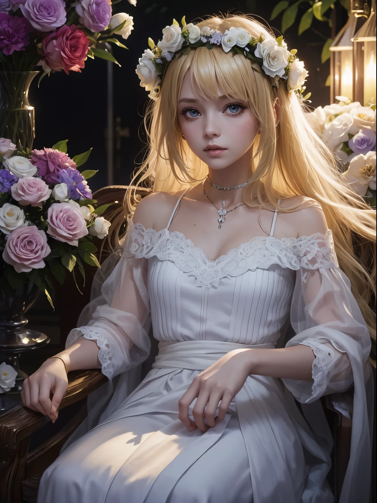 One girl, skeleton, blonde hair, white clothes, flower crown, many flowers, surrounded by flowers, nostalgic, gorgeous atmosphere, top quality, 8k