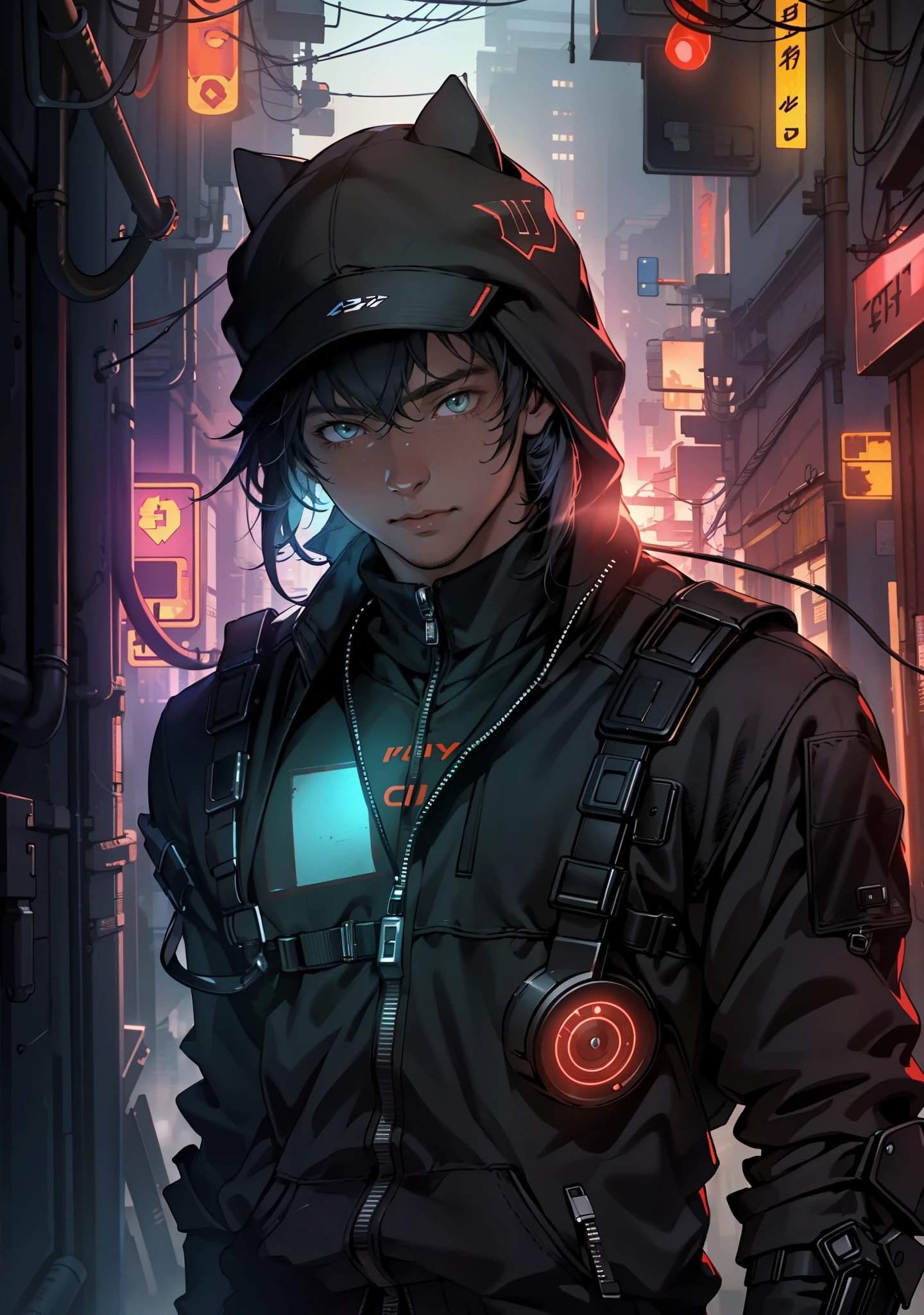 ultra detail, high resolution, ultra detailed, best quality, amazing, top quality, extremely detailed CG unity 8k wallpaper, cinematic lighting, cat fanboy, cyberpunk, dark boy