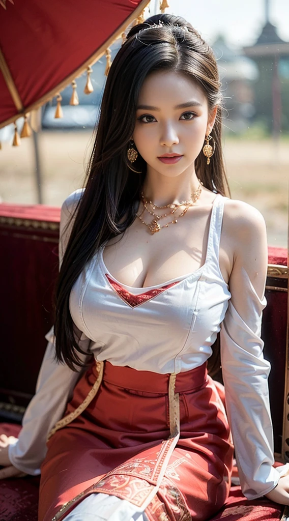 , (Realistic:1.3), insane details, quality, (master-piece:1.2), (ภาพRealistic:1.2), (qualityที่ดีที่สุด), (Detailed skin:1.3), (intricate detailed), ray tracing, ((Full body)), ((1woman)), (((1man))), 18-20 years old, ((long-haired, Very long., ปล่อยlong-haired)), smile, Red tank top, white coat red skirt with pattern, The color matches the dress and skirt., skirt pattern, earrings, necklace, Javanese jewelry, (blurred background), breast cleavage, huge breast,, Beautiful breast, Big breast augmentation, elongated legs, Fair-skinned, attractive, Seated, Bundle