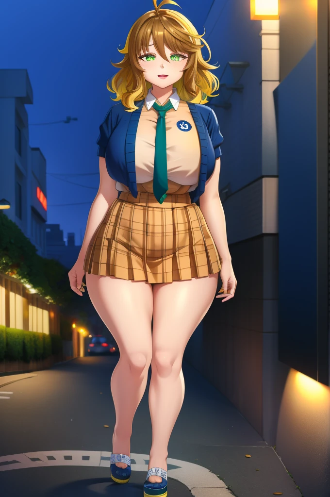 amicia michella - nijisanji, anime style, 1girl, detailed brown short hair, yellow inner hair, wavy thick hair, green eyes, thin lips, painted lips, shy smile face, wide hips, thick thighs, huge round ass, shiny oily breasts, white shirt, navy blue necktie, light blue pleated skirt, plaid pleated skirt, gyaru, full body, night, city, absurdres, high res, ultrasharp, 8K, masterpiece