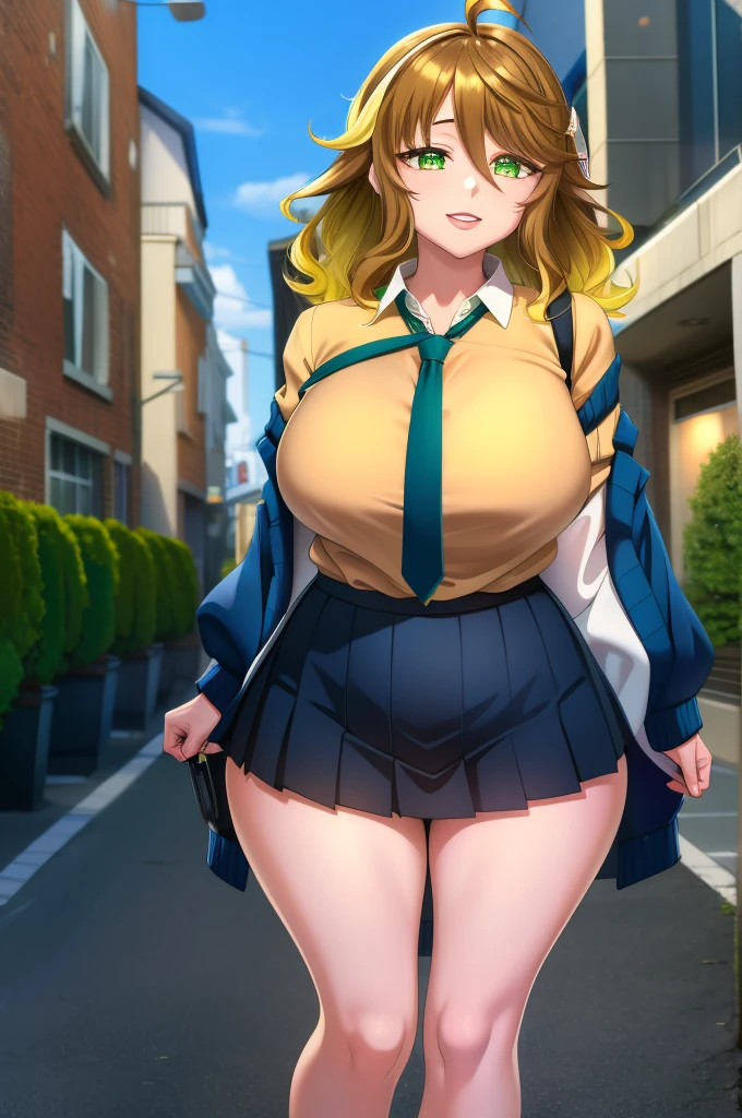 amicia michella - nijisanji, anime style, 1girl, detailed brown short hair, yellow inner hair, wavy thick hair, green eyes, thin lips, painted lips, shy smile face, wide hips, thick thighs, huge round ass, shiny oily breasts, white shirt, navy blue necktie, light blue pleated skirt, plaid pleated skirt, gyaru, full body, night, city, absurdres, high res, ultrasharp, 8K, masterpiece