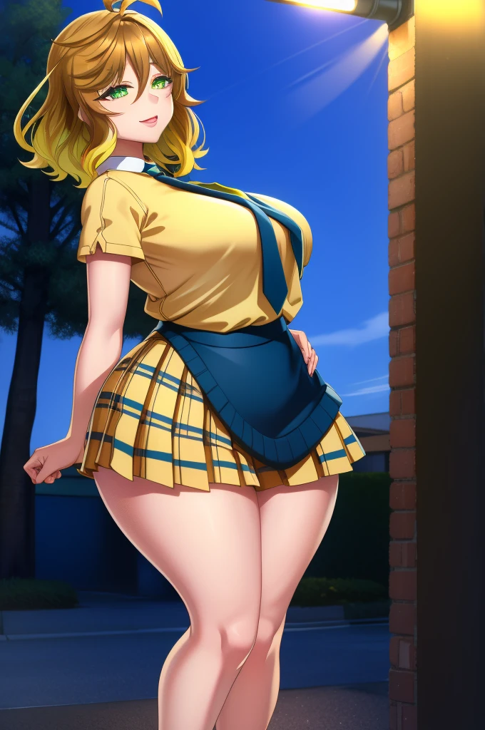 amicia michella - nijisanji, anime style, 1girl, detailed brown short hair, yellow inner hair, wavy thick hair, green eyes, thin lips, painted lips, shy smile face, wide hips, thick thighs, huge round ass, shiny oily breasts, white shirt, navy blue necktie, light blue pleated skirt, plaid pleated skirt, gyaru, full body, night, city, absurdres, high res, ultrasharp, 8K, masterpiece