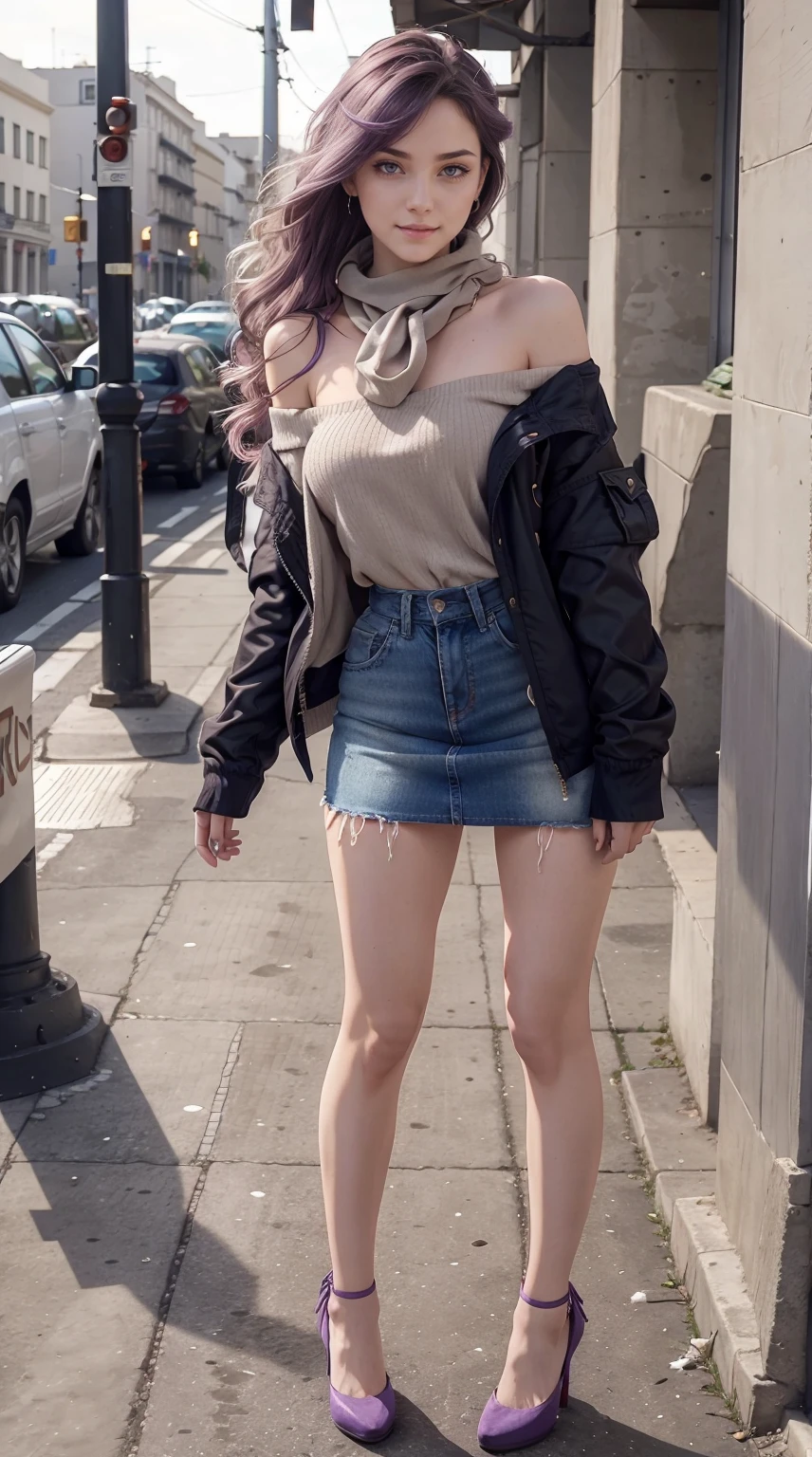 24-year-old Caucasian woman、Hair color is a gradation of brunette and purple、Hair is wavy、Eye color is blue、Longhaire、A slender、a smile、wearing off-the-shoulder tops、I'm wearing a miniskirt、Wearing a jacket、I'm wearing pin heels、I'm in front of an old concrete wall、Wearing a scarf around your neck