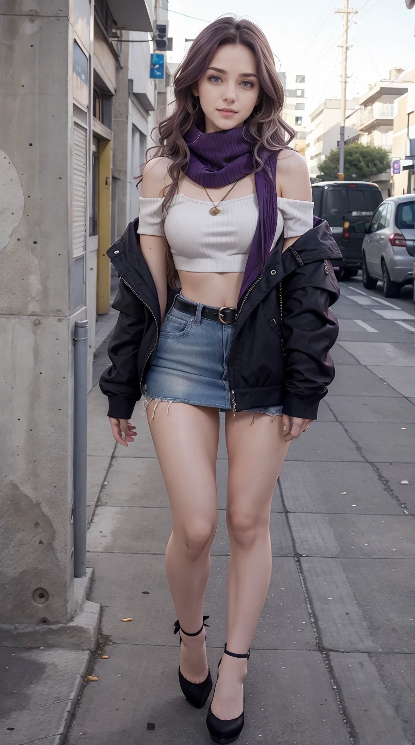 24-year-old Caucasian woman、Hair color is a gradation of brunette and purple、Hair is wavy、Eye color is blue、Longhaire、A slender、a smile、wearing off-the-shoulder tops、I'm wearing a miniskirt、Wearing a jacket、I'm wearing pin heels、I'm in front of an old concrete wall、Wearing a scarf around your neck