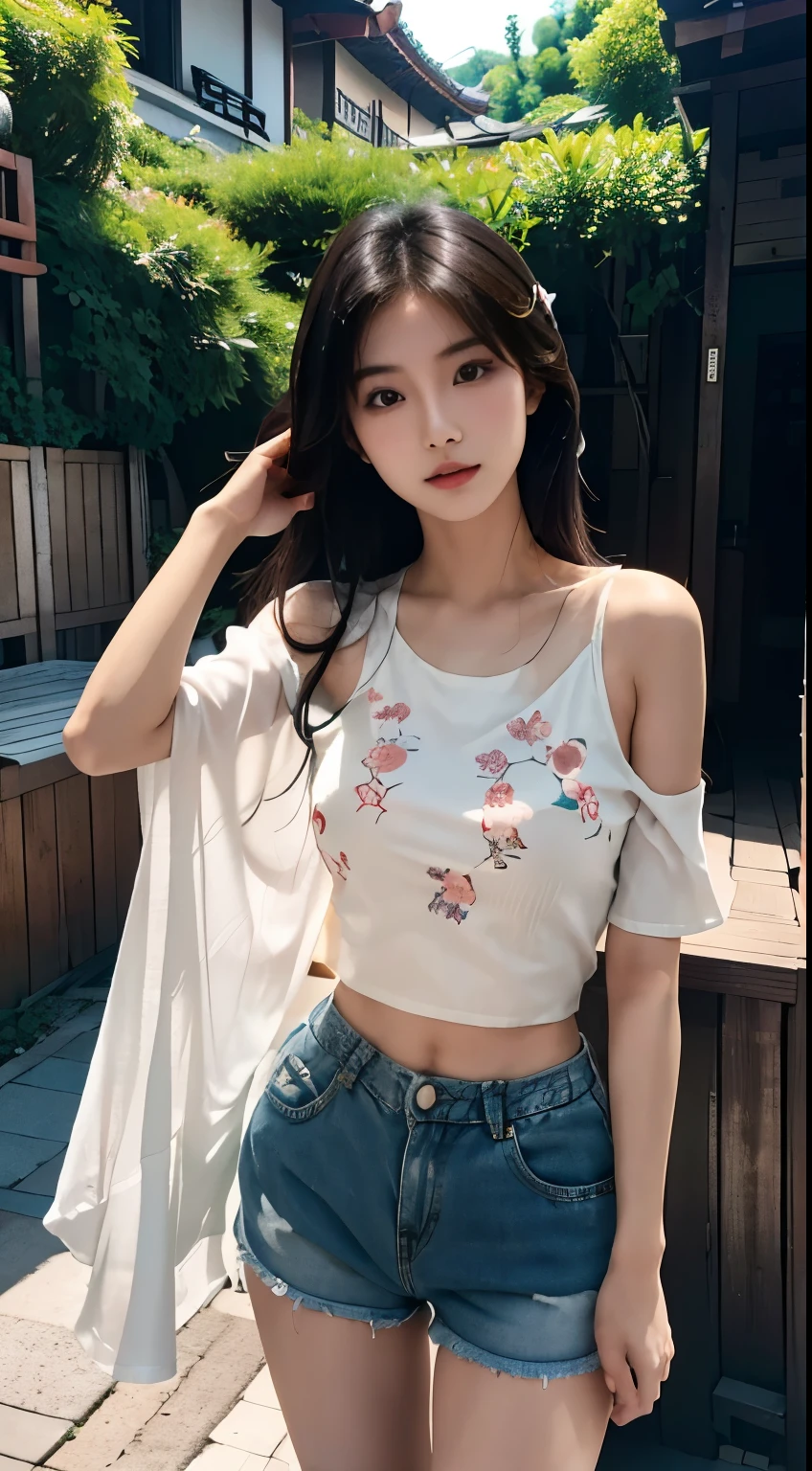 arafed asian woman in a floral top and denim shorts posing for a picture, beautiful asian girl, young asian girl, korean girl, asian girl, 2 4 year old female model, cute young woman, young and cute girl, chinese girl, beautiful girl model, cute young girl, dressed in a top and shorts, beautiful model girl, gorgeous young korean woman