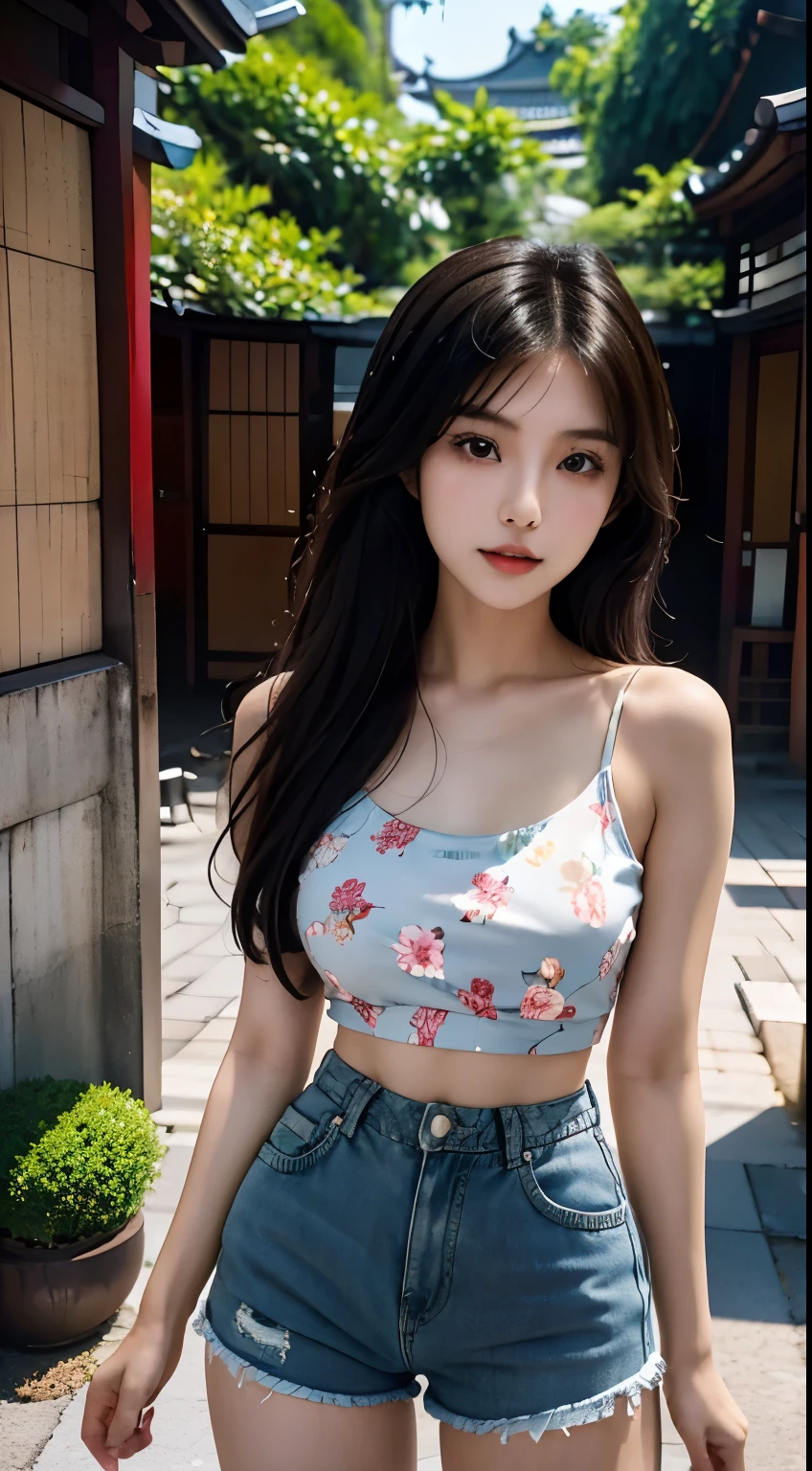 arafed asian woman in a floral top and denim shorts posing for a picture, beautiful asian girl, young asian girl, korean girl, asian girl, 2 4 year old female model, cute young woman, young and cute girl, chinese girl, beautiful girl model, cute young girl, dressed in a top and shorts, beautiful model girl, gorgeous young korean woman