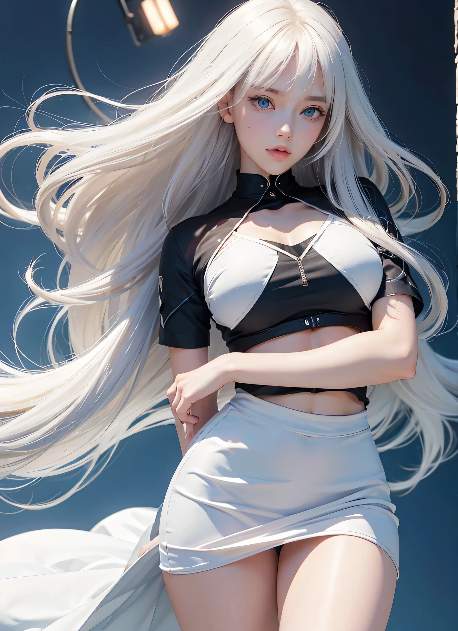 1 girl, Big blue eyes with radiant transparency, Super long platinum blonde hair, Bangs that extend to the front of the face, double eyelid, Eye line, large bust, White Shirt Short Sleeves, Black Pencil Skirt 1.3, Completely beatutiful girl at 18 years old, White and beautiful yong shiny skin, Sexy and very beautiful good looks, Very cute face with perfect beauty