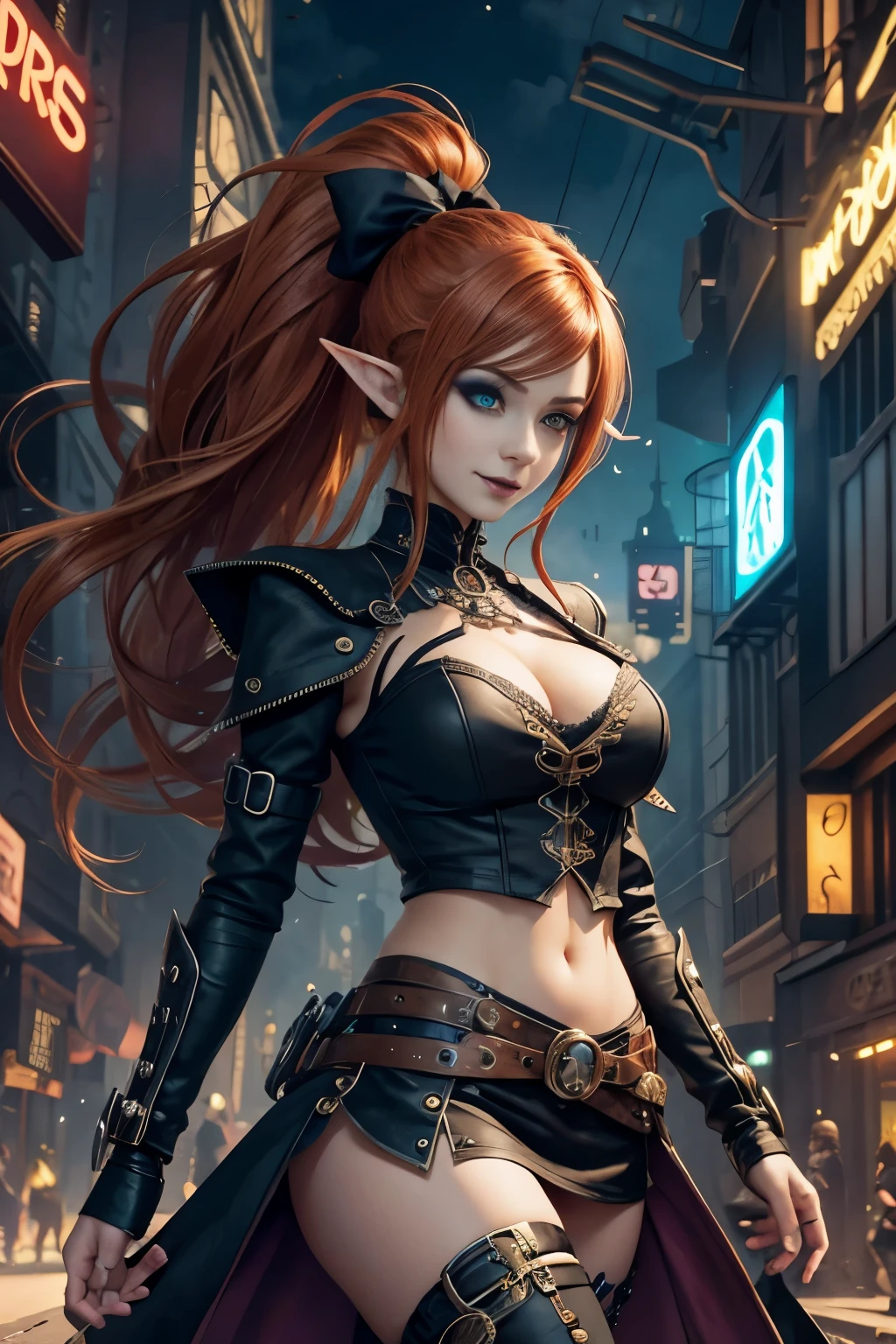 ultra detailed illustration female elf character, (focus on cute face) anime villain character wearing Steampunk clothes, ultra detailed futuristic city environment, surrounded by Clocks and gears, floating hair, very colorful, lots of colors, vector art by MSchiffer, ((motion effects)), Large mammary glands, discreet smile, ((bold gothic makeup)), dark auburn/ginger  hair in ponytail, miniskirt, crop top