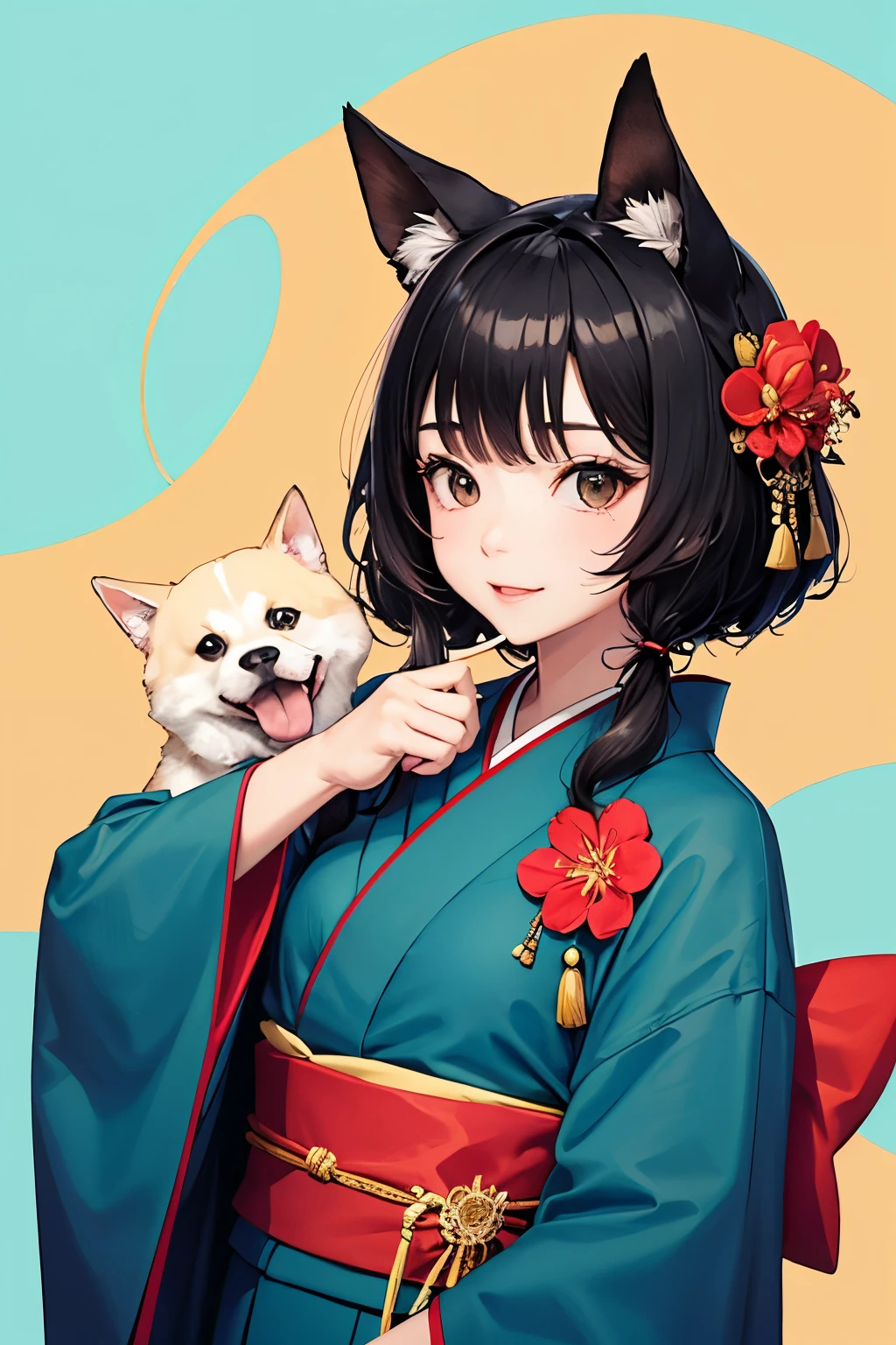 Shiba dog(pup、A black、Round eyes、kimono)
Background with(Green and blue)