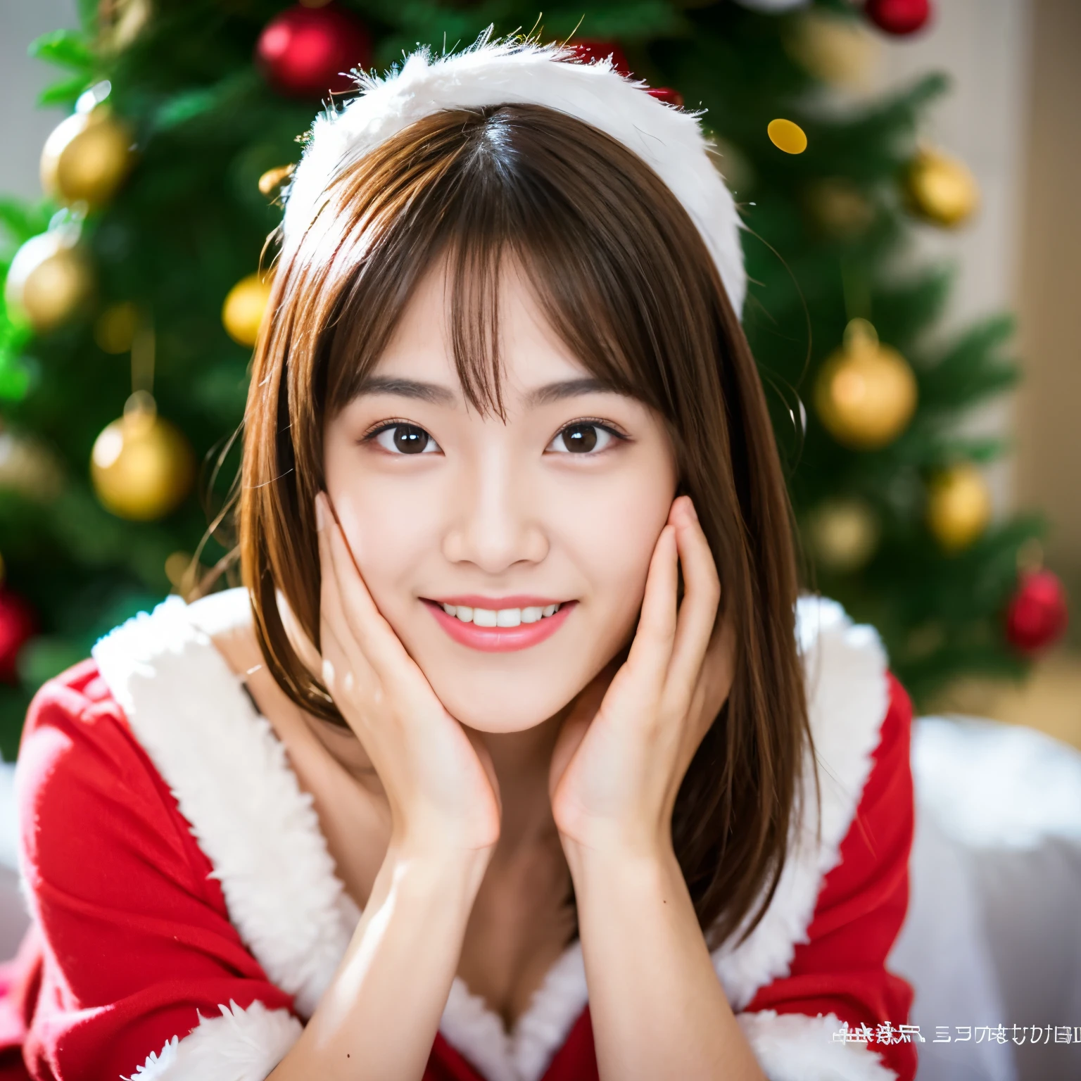 Best-quality, Masterpiece, Ultra-High-Resolution, (Photorealistic:1.4), Raw-Photo, Extremely-Details, Perfect-Anatomy, 1girl, the most famous Japanese idol, wearing only sexy-christmas-costume, having a lot of fun at christmas home party, extremely cute face like the most popular Japanese idol, extremely beautiful big-black-solid-circle-eyes, extremely beautiful hair, extremely beautiful long-eyelashes, extremely beautiful lips, extremely beautiful white skins, looking at viewer, innocent smile, face focus, portrait, dynamic-pose